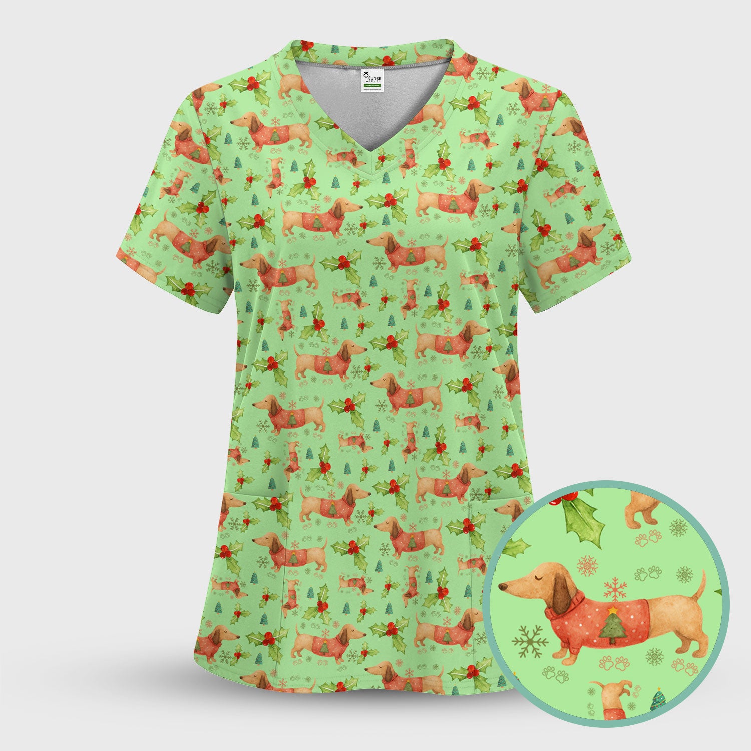 Cute Dachshund Christmas Scrub - Funny Sausage Dog Wiener Puppy Holiday Nurse Shirt - Xmas Medical Uniform Gift for RN CNA LPN