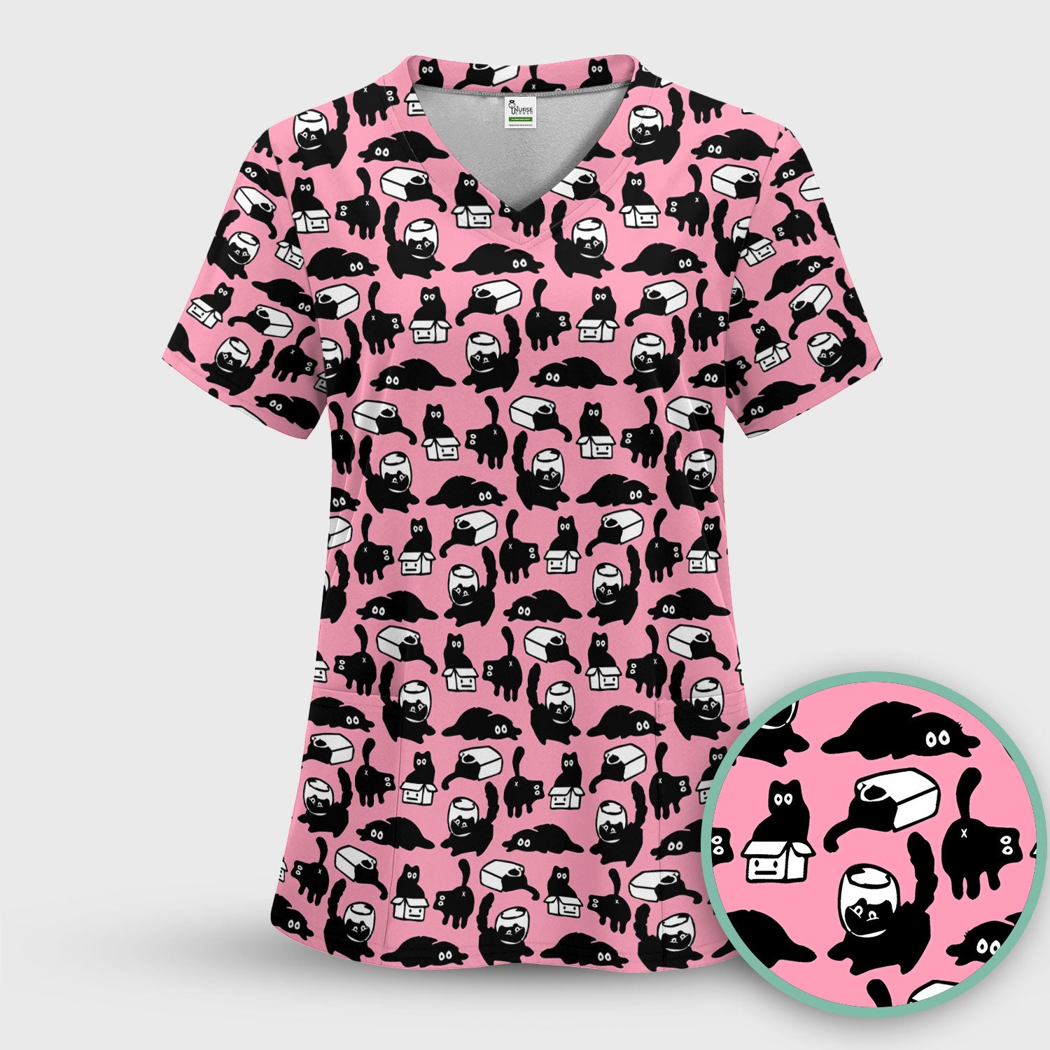 Dark Playful Cat Cartoon Pattern Scrub Top, Comfortable Scrubs for Nurses