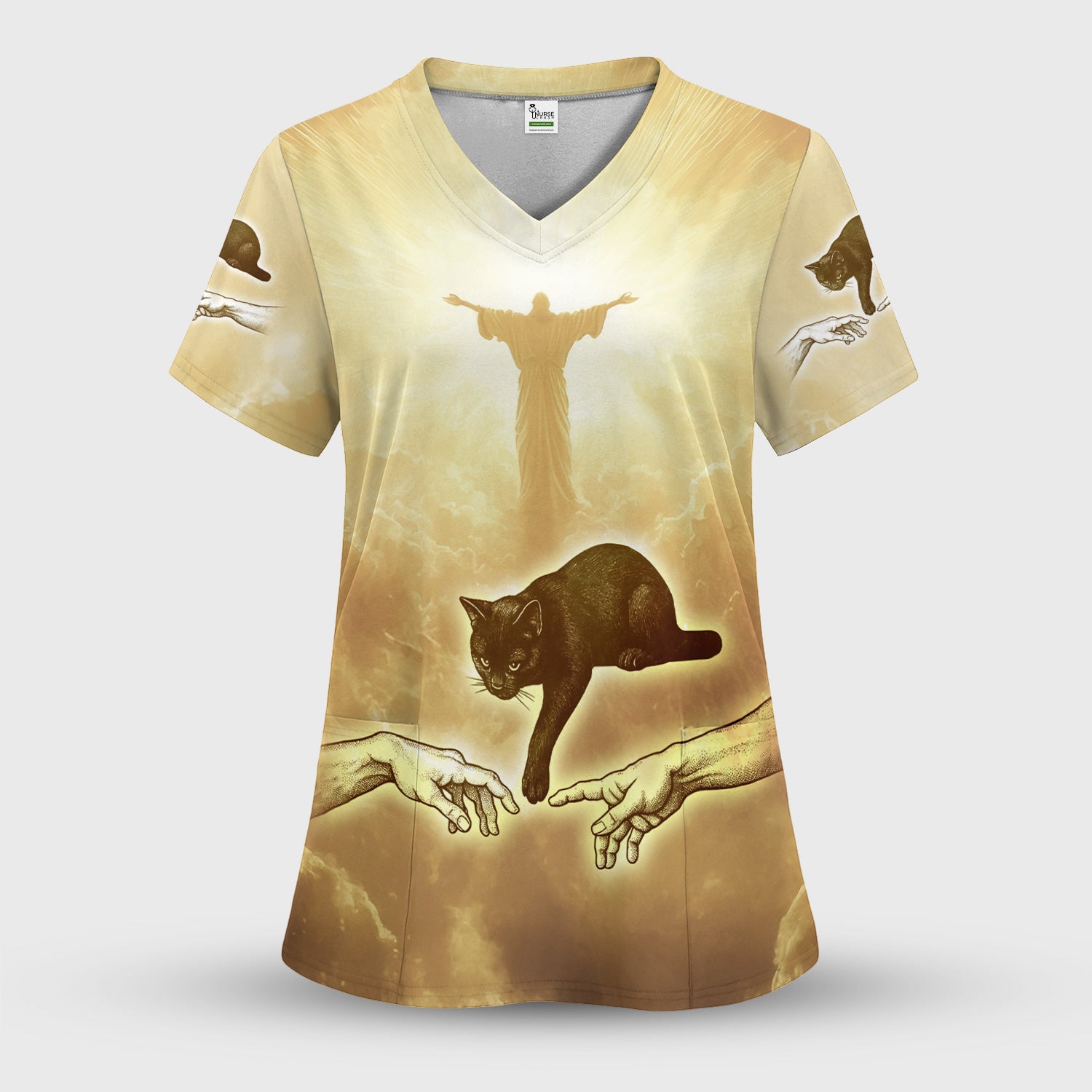 Vintage Angel Cat Art Print V Neck Nursing Scrub Top, Golden Aesthetic