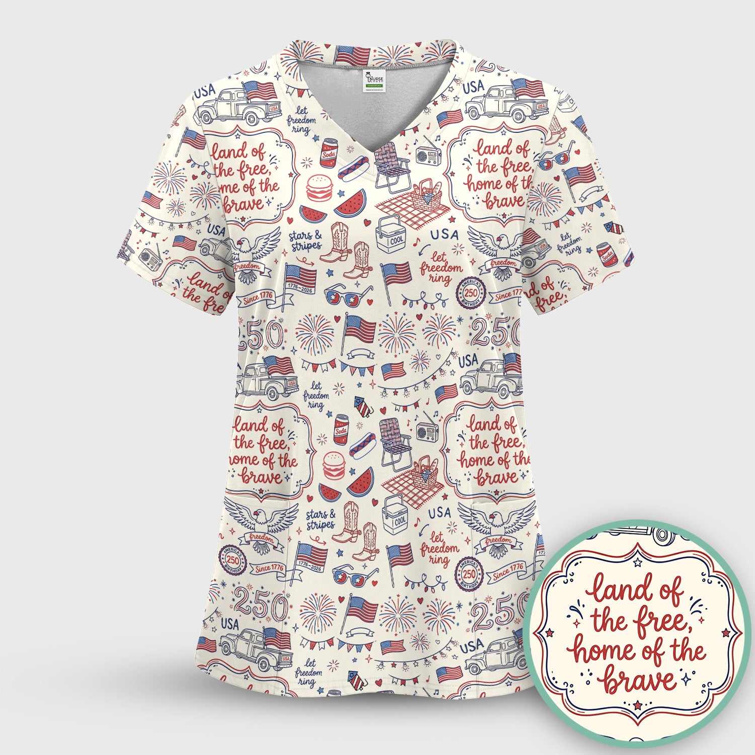Vintage USA Freedom Print Scrub Set, Scrub Pants and V Neck Top