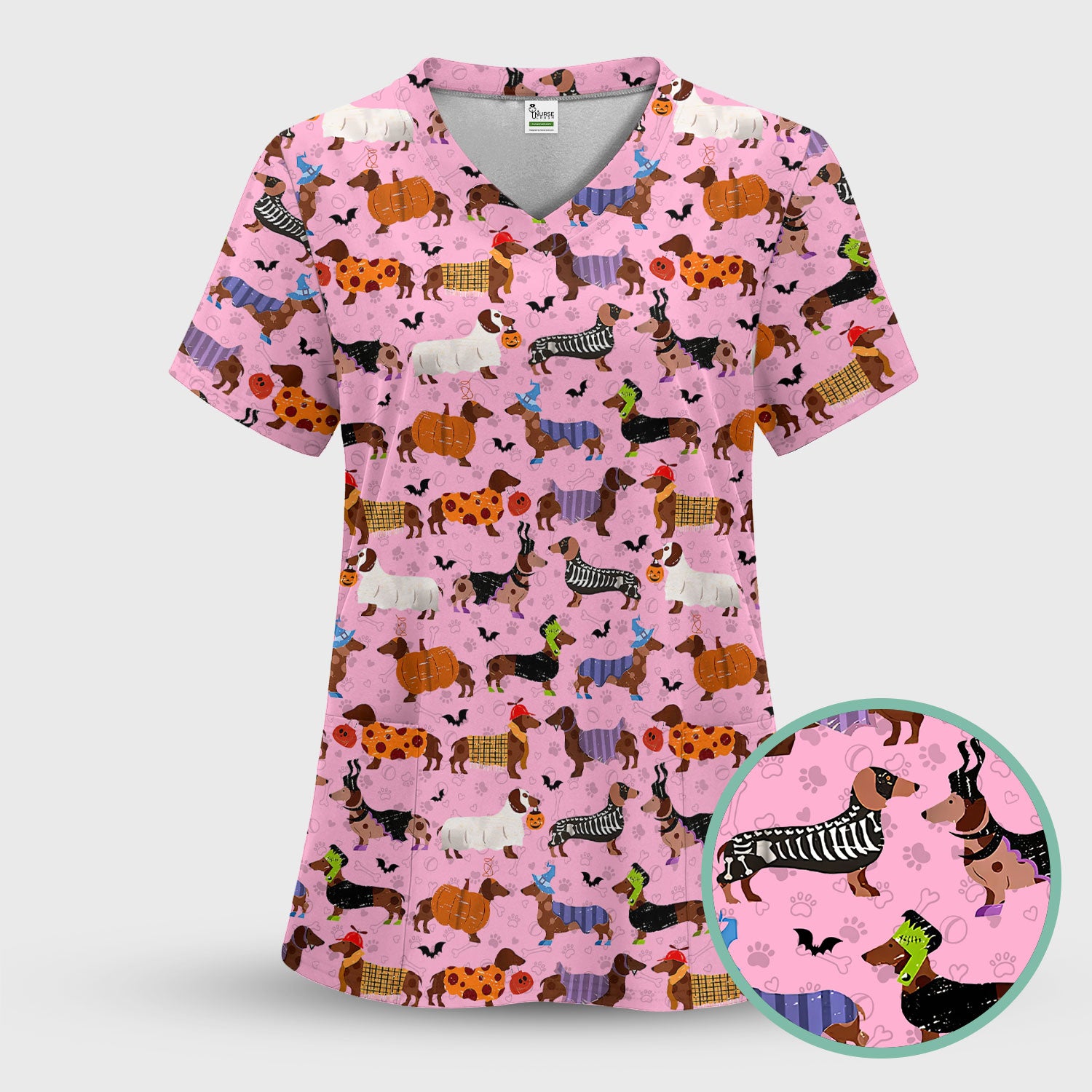 Halloween Dachshund Scrub Top for Women - Funny Pumpkin Skeleton Nursing Uniform RN LPN CNA Gift - Cute Sausage Dog Print Medical Shirt