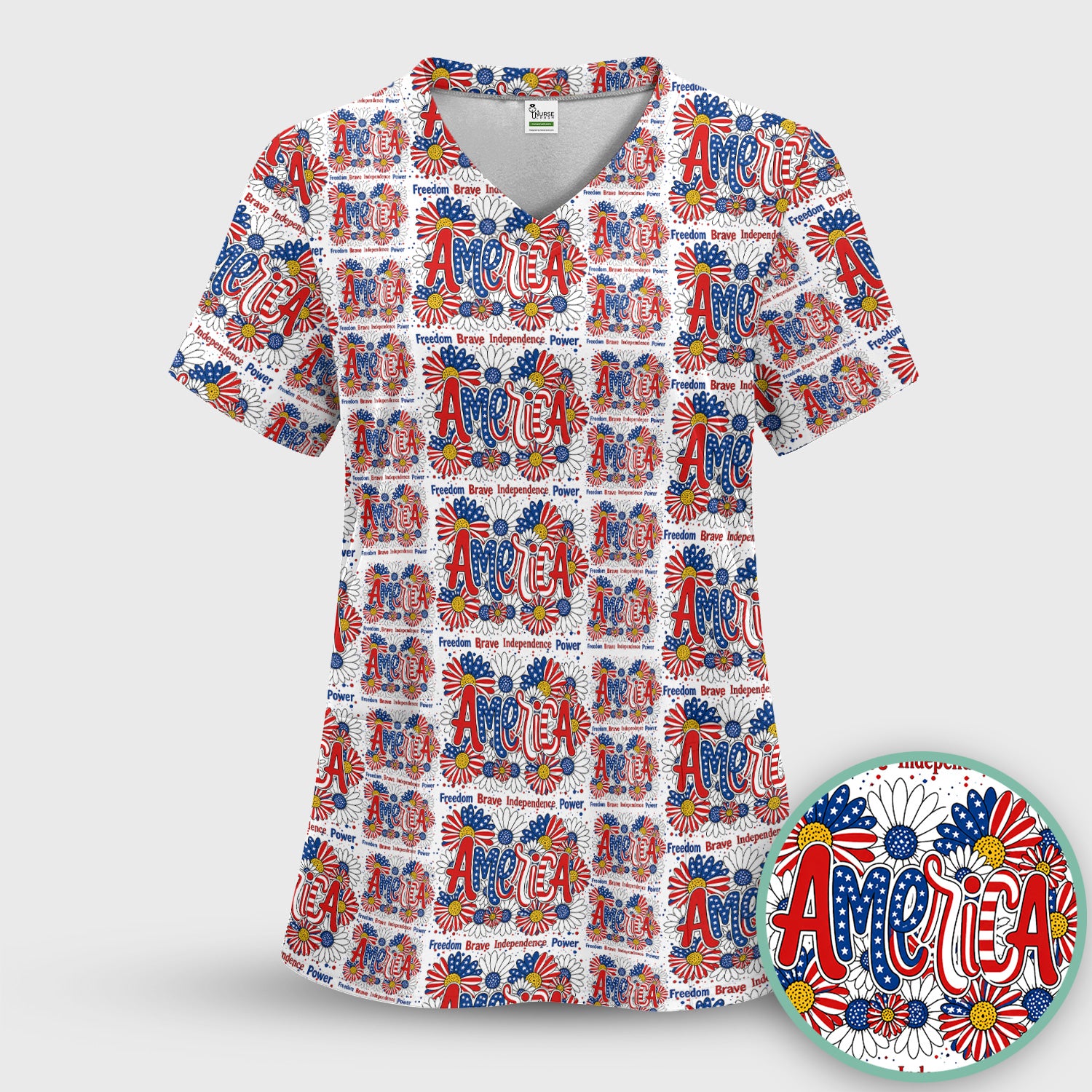 Patriotic America Floral Fireworks Pattern Scrub Set, Scrub Pants and V Neck Top