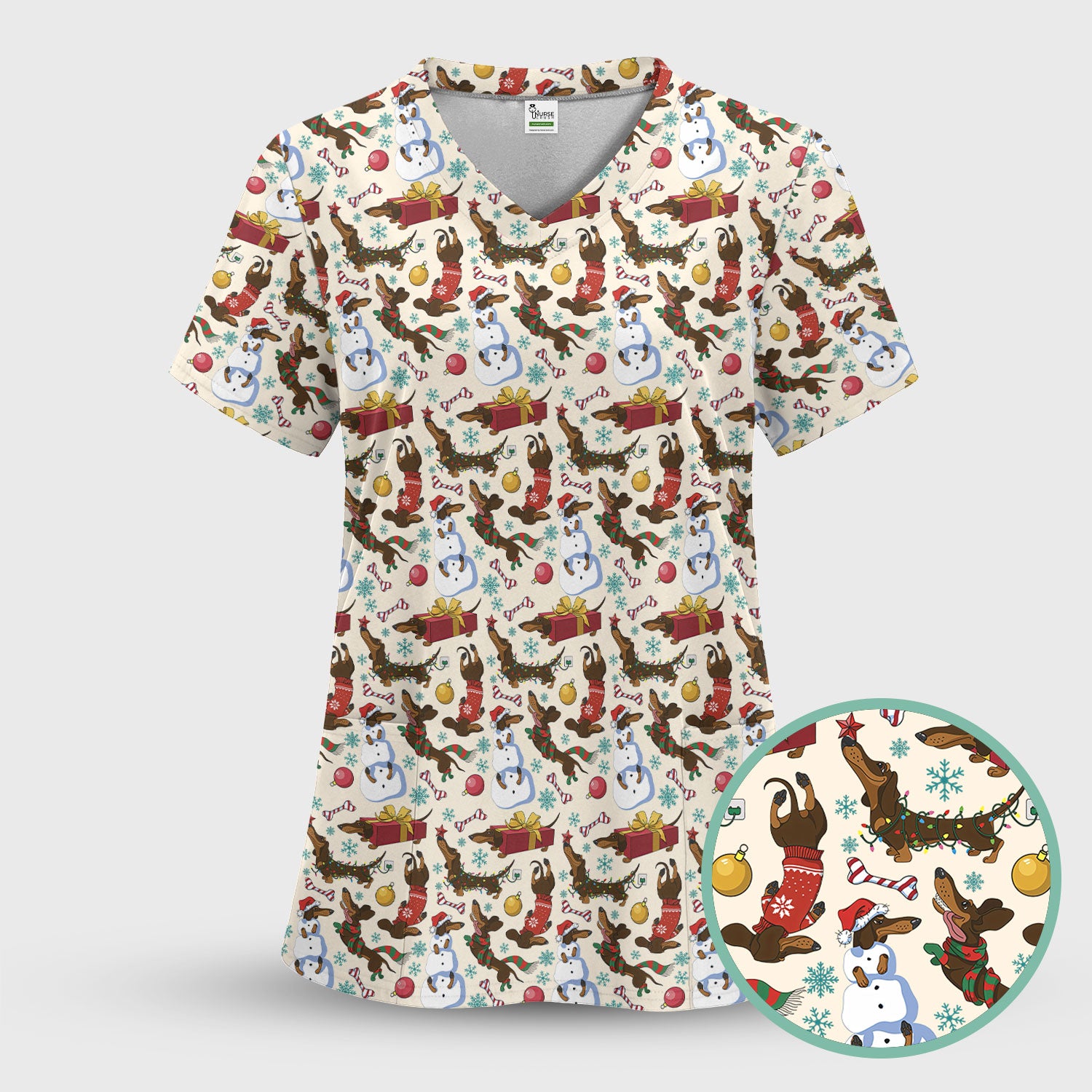 Christmas Nurse Scrubs for Women - Dachshund Dog & Snowman Print - Custom Multi Color Nursing Shirt Holiday Gift
