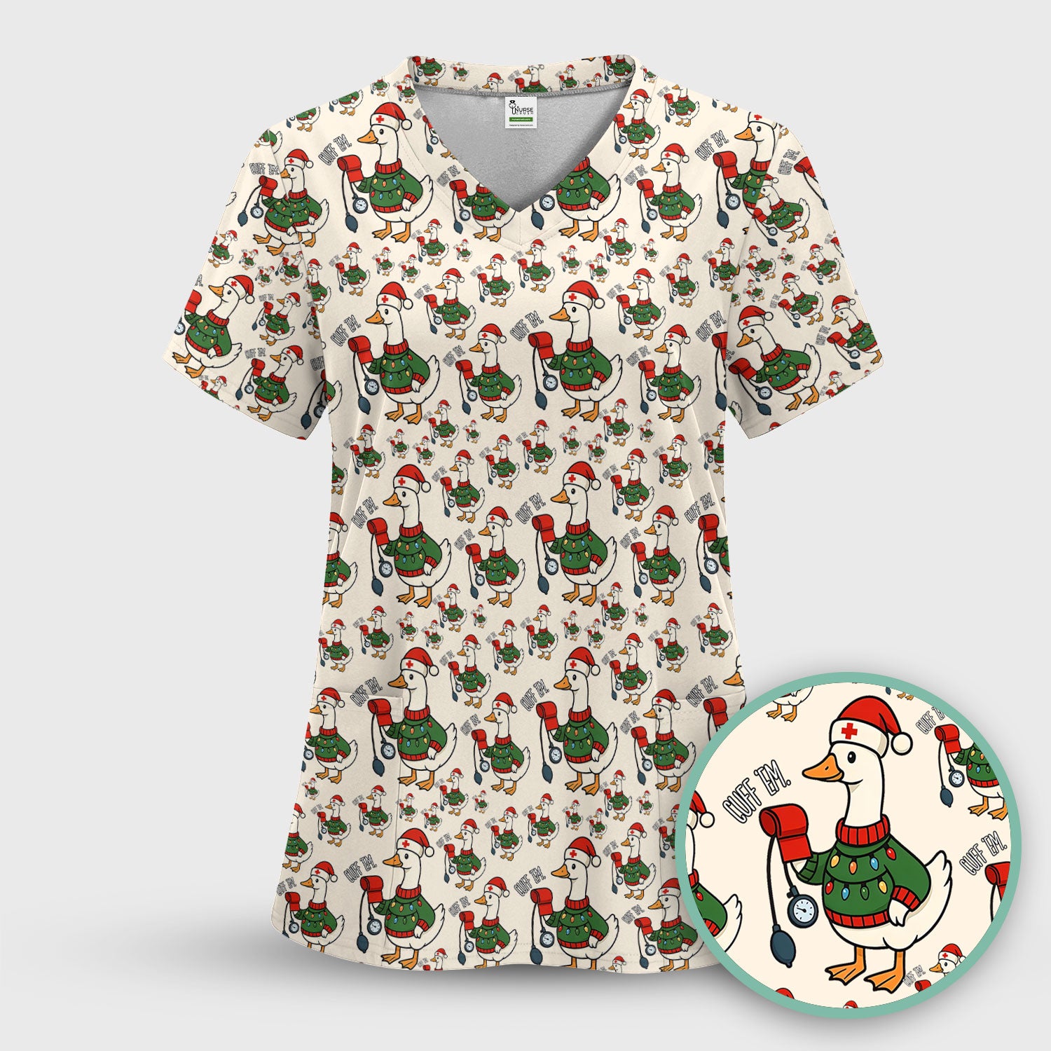 Nurse Christmas Duck Scrub Top, Cute Goose Pattern Scrub Shirt, RN LPN CNA Nursing Uniform