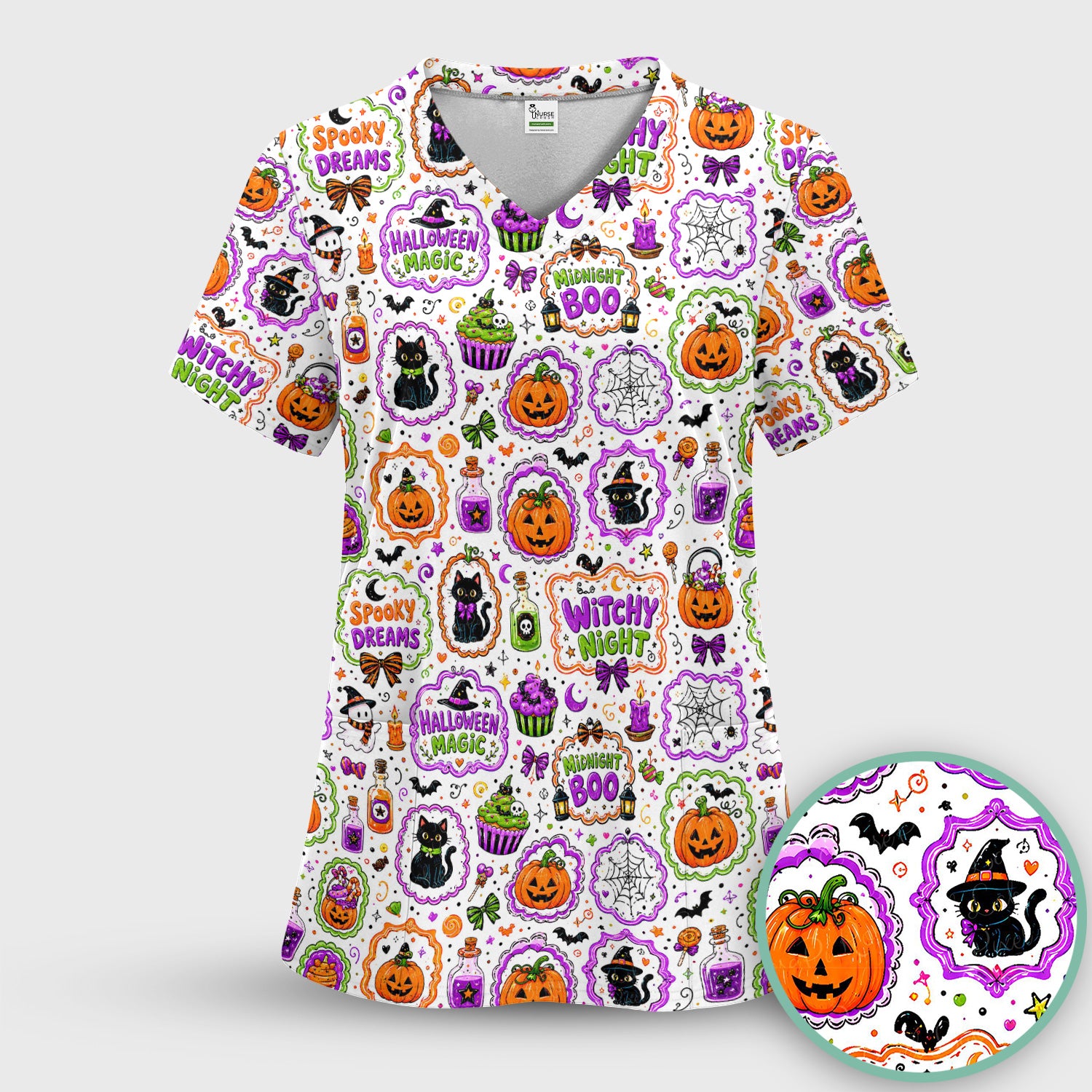Witchy Halloween Magic And Pumpkins Scrub Top, Comfortable Scrubs for Nurses