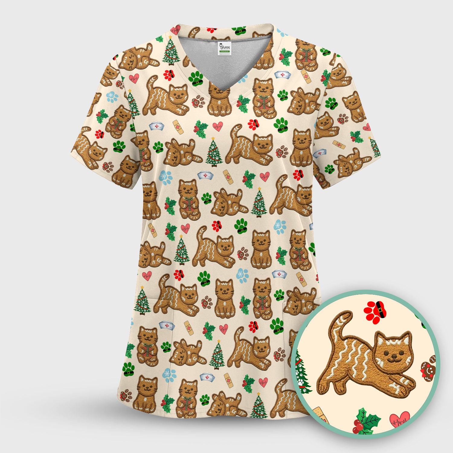 Gingerbread Cat Christmas Scrub Top, Cute Holiday Kitty Medical Uniform Shirt For Nursing, Festive Nurse Pattern