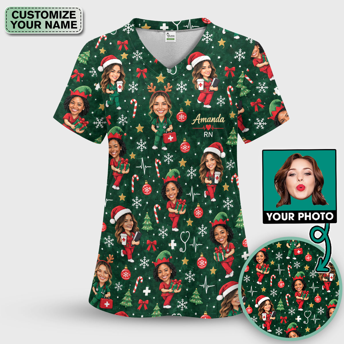 Personalized Christmas Nurse Photo And Name Scrub Set, Scrub Pants and V Neck Top