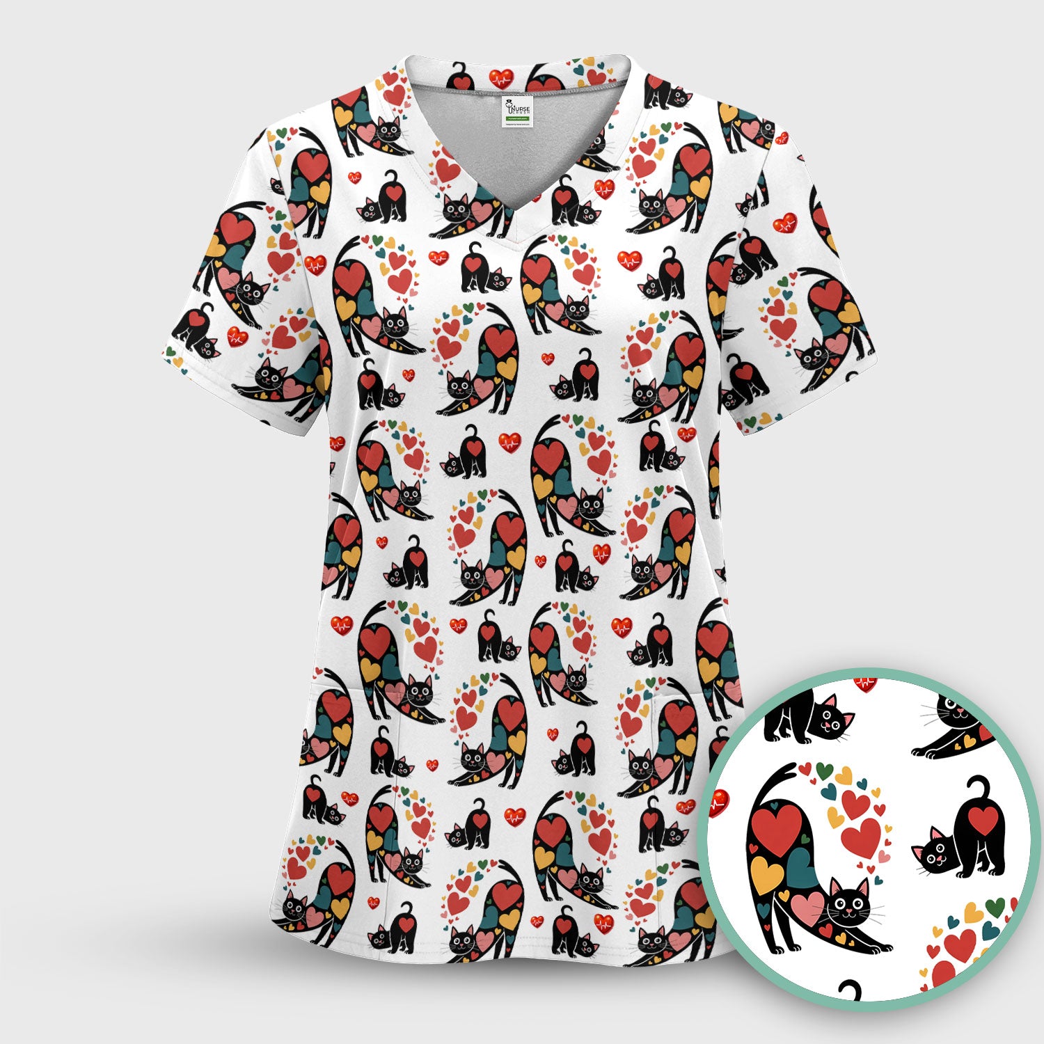 Playful Cat Valentine Heart Print Nurse Scrub Top, Comfortable Scrubs for Nurses