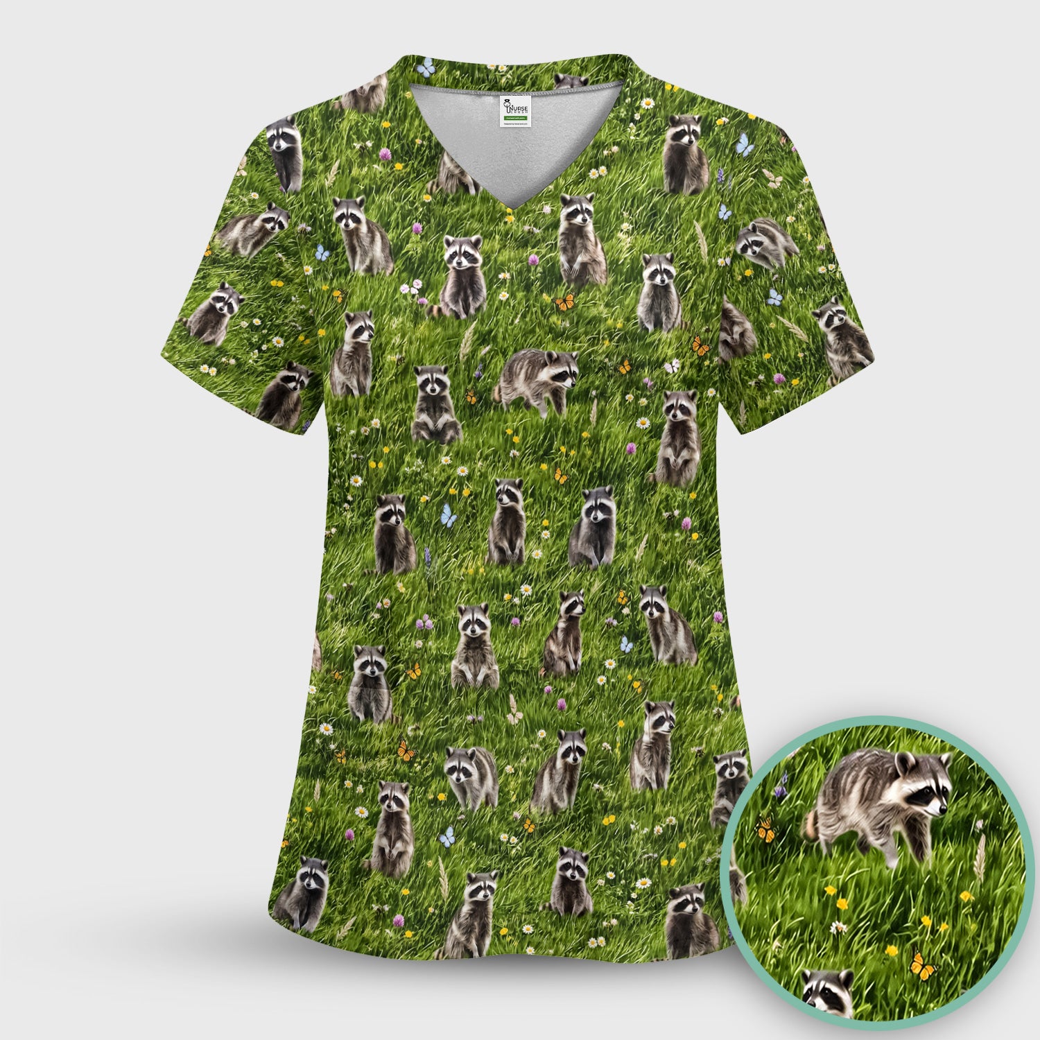 Raccoon Meadow Print Scrub Top, Comfortable Scrubs for Nurses
