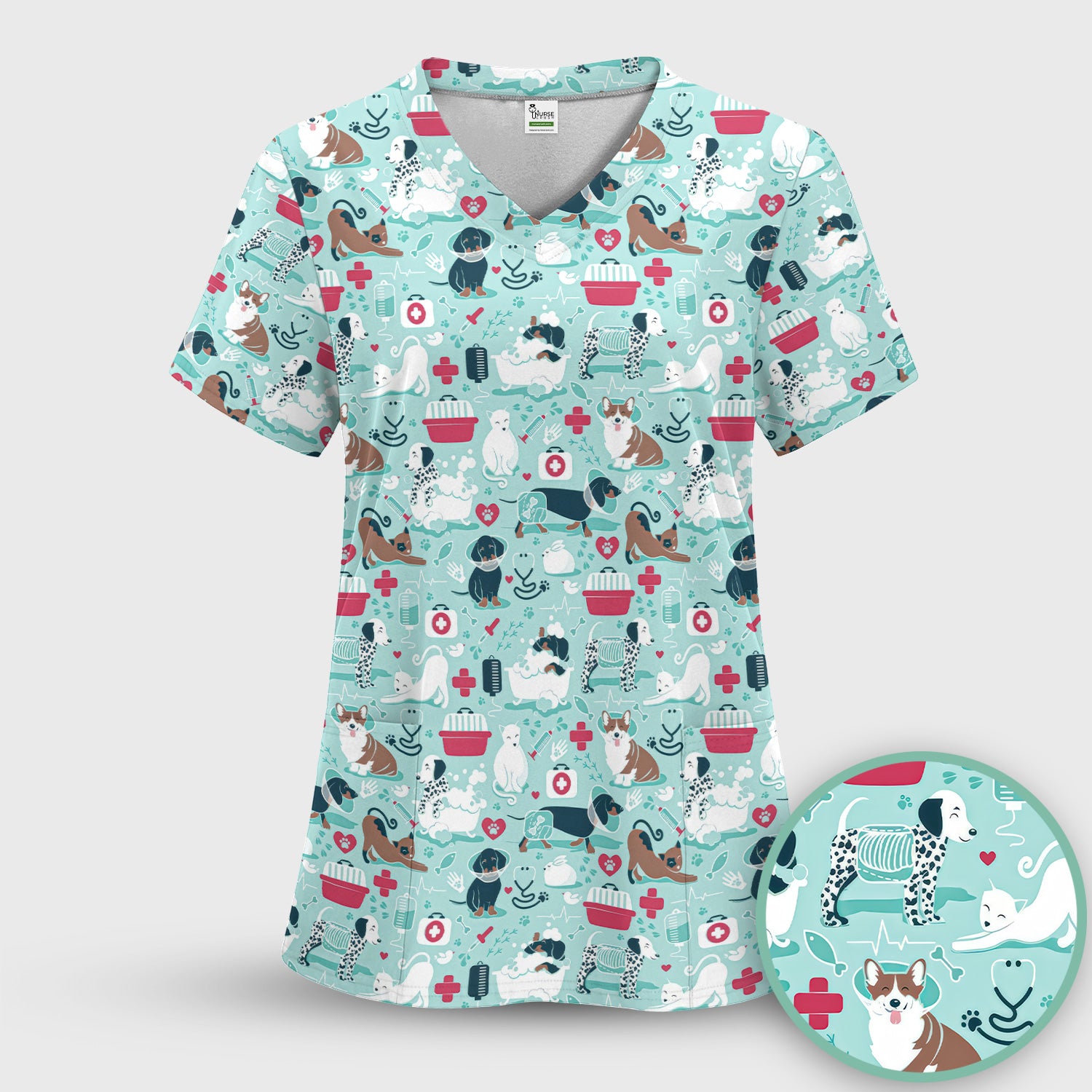 Dogs With Veterinary Tools And Paw Print Scrub Set, Breathable Med Uniform
