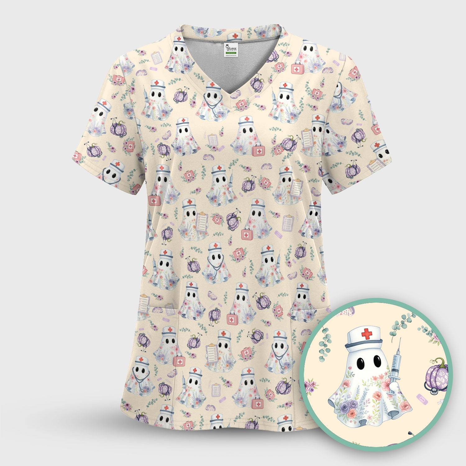 Ghost Nurse Medical Uniform - Cute Boo Halloween Scrub Set - Purple Pumpkin Scrub Pants - Funny Halloween Sweatshirts