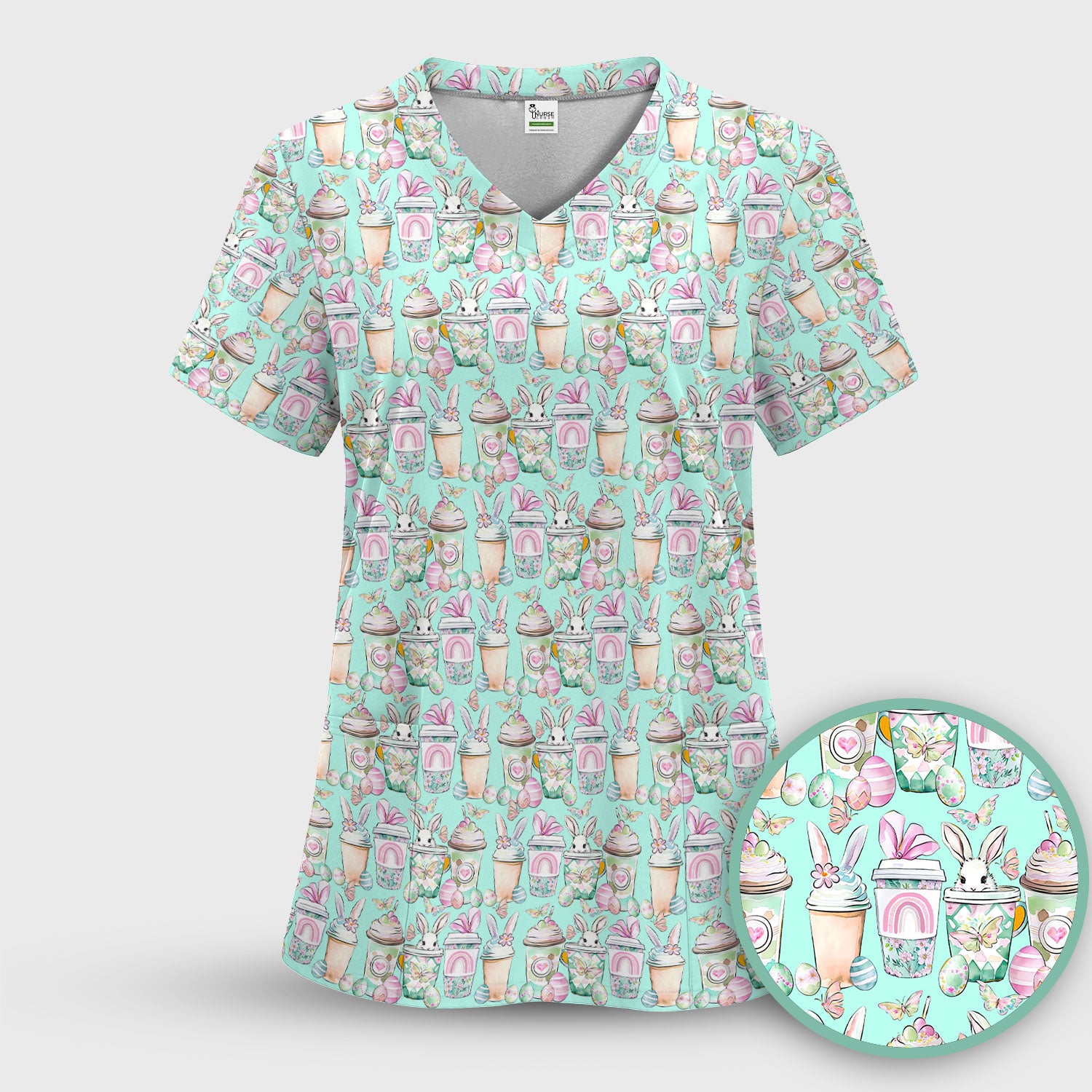 Cute Easter Bunny Coffee Cup Pattern Scrub Sets, Scrub Pants and V Neck Top