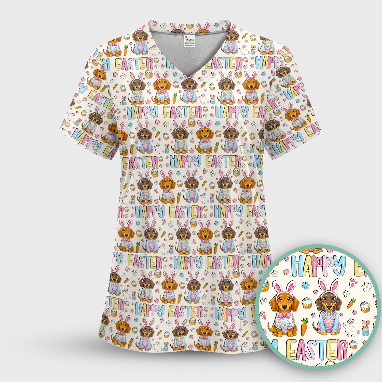Happy Easter Dachshund Bunny Print Scrub Top, Comfortable Scrubs for Nurses