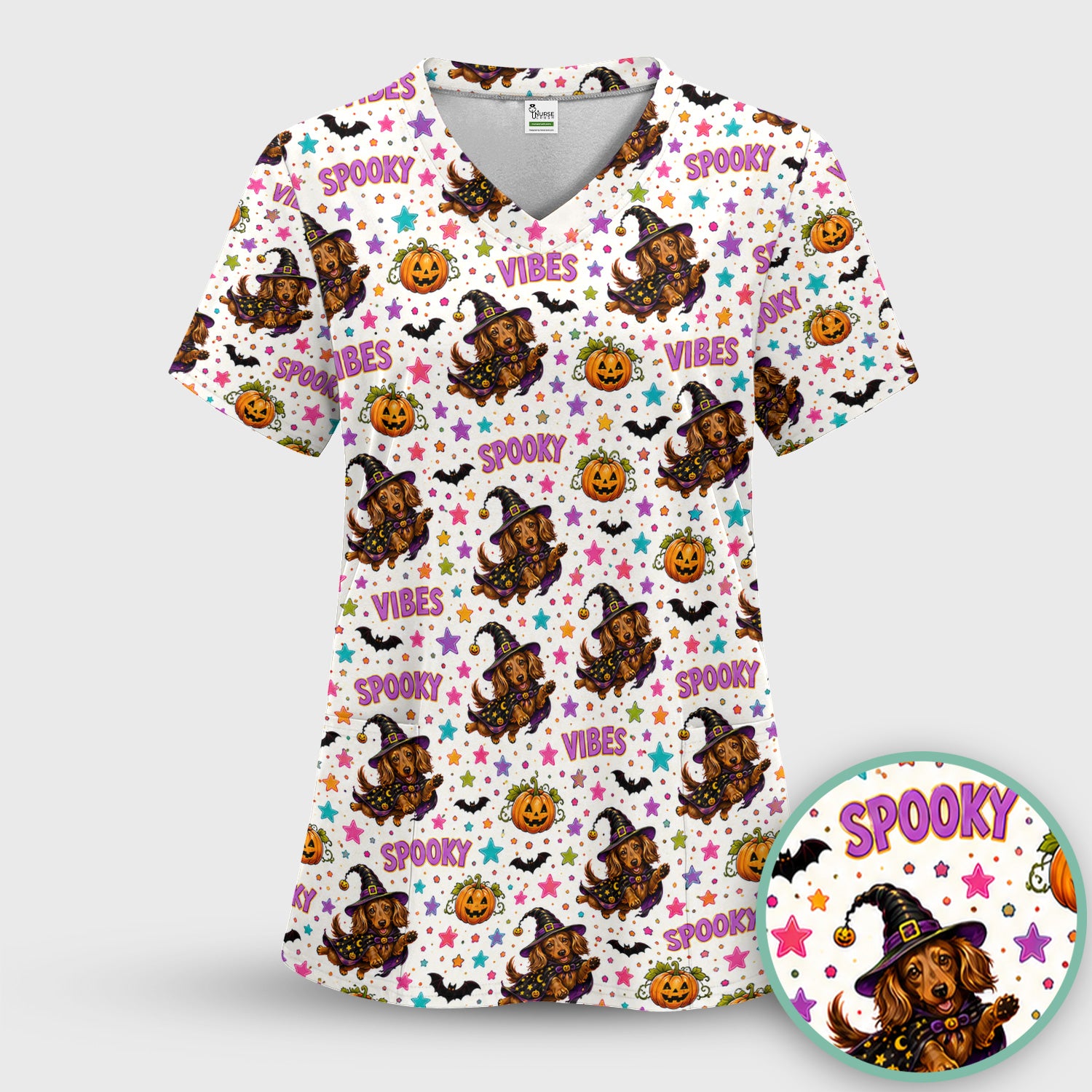 Spooky Dachshund Vibes Print Scrub Top, Comfortable Scrubs for Nurses