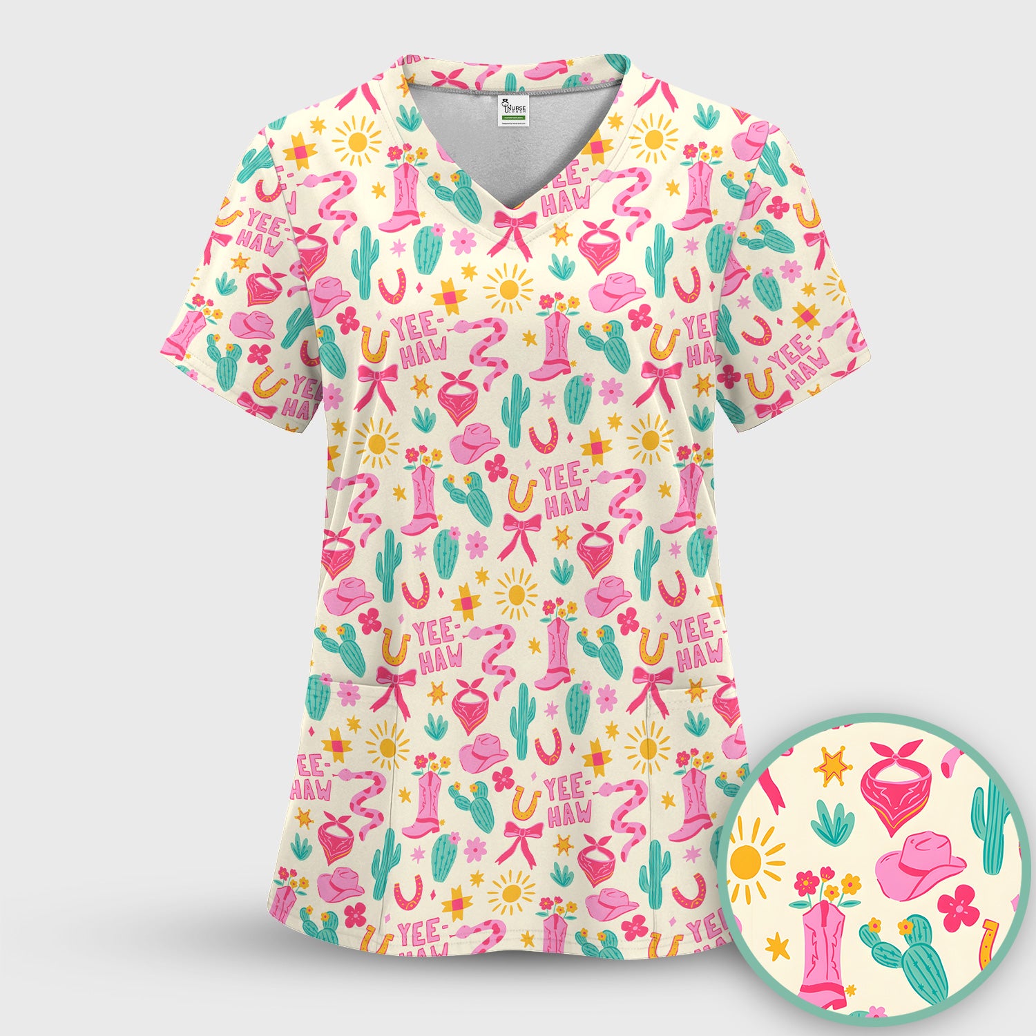 Pink Western Cowgirl Nurse Pattern Scrub Set, Scrub Pants and V Neck Top
