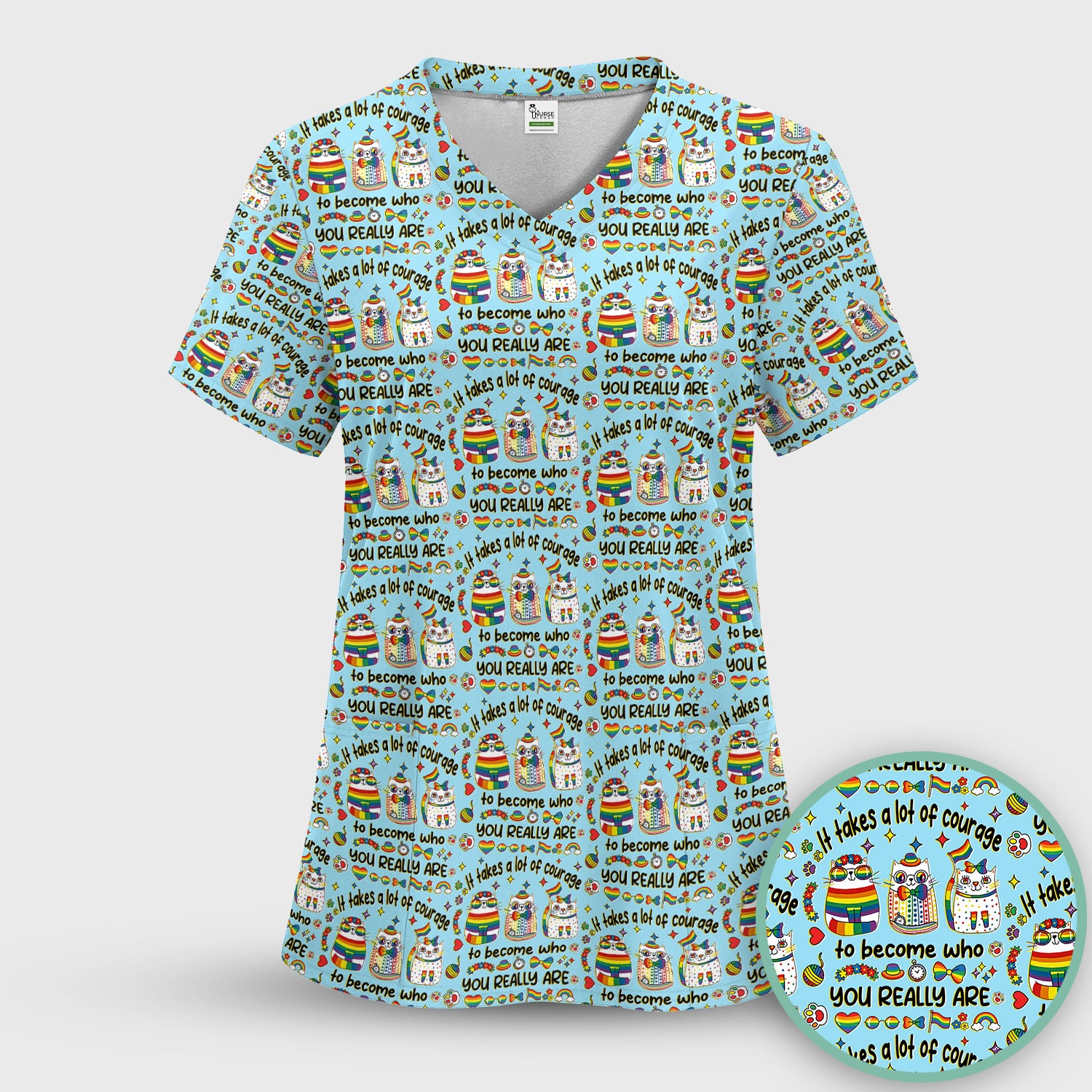 Inspirational Nurse Rainbow Cat Courage Quote Pattern Scrub Top, Breathable Fabrics Nursing Uniform