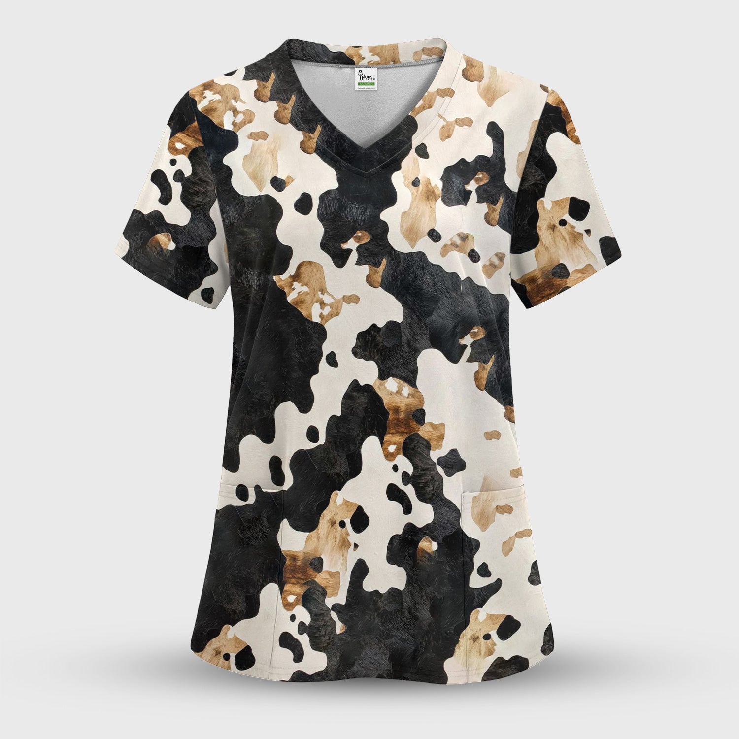 Classic Cow Print Pattern Scrub Top, Breathable Fabrics Nursing Uniform