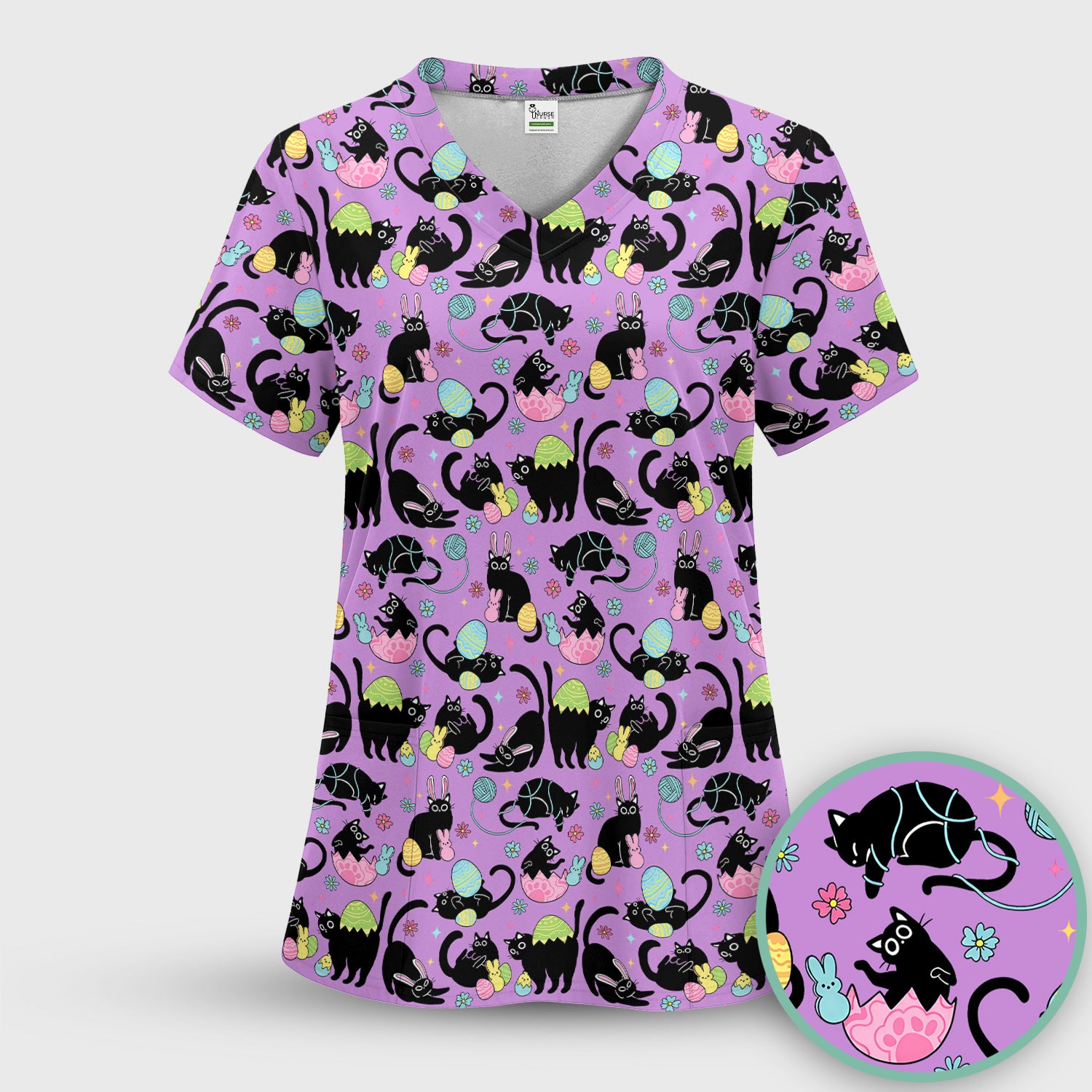 Funny Easter Black Cat Egg Pattern Scrub Top, Breathable Fabrics Nursing Uniform