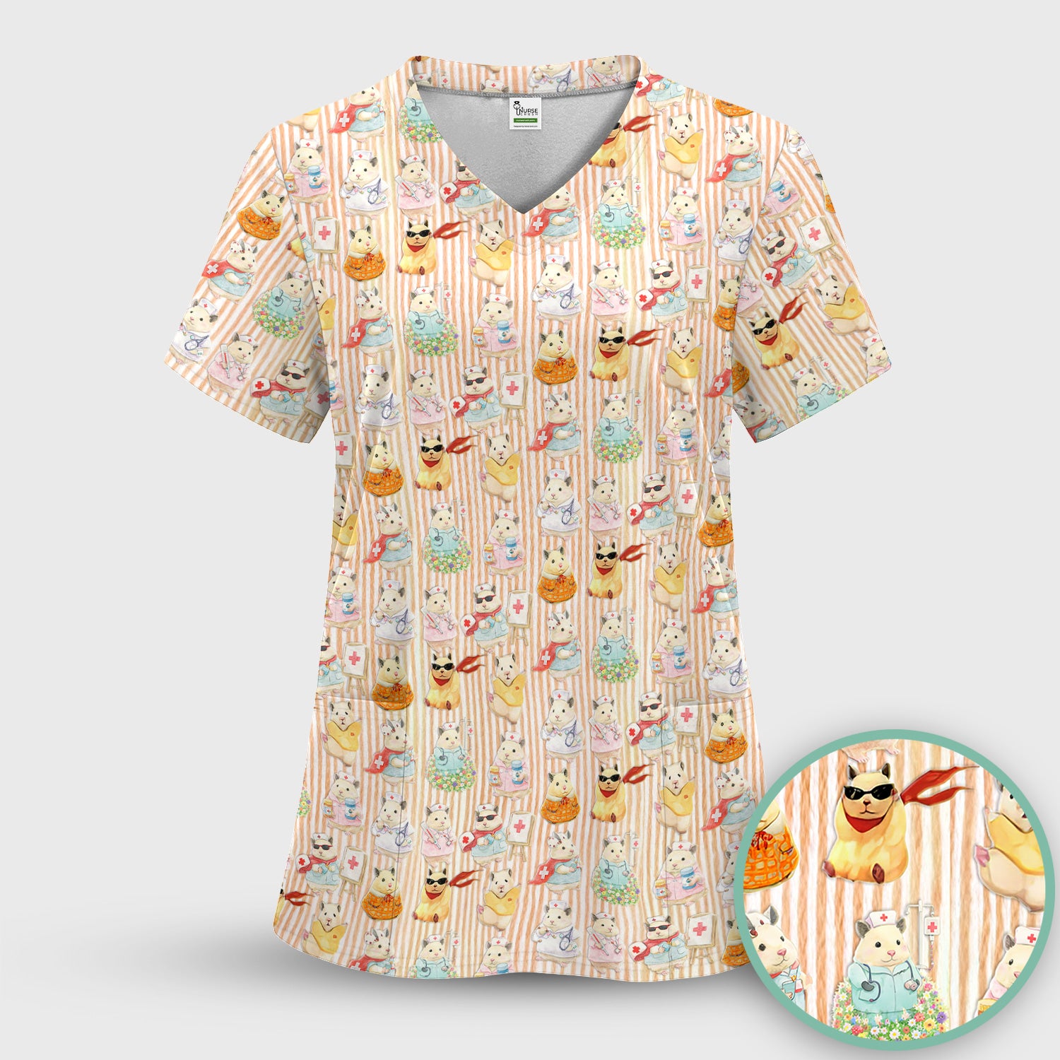 Cute Nurse Hamster Pattern Scrubs Sets, Scrub Pants and V Neck Top