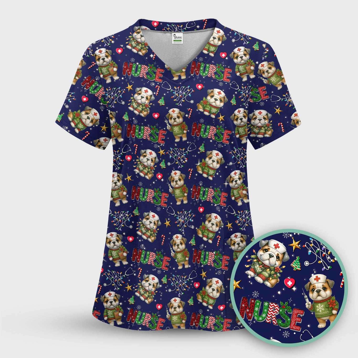 Bulldog Christmas Nurse Scrub Top - Funny Dog Scrub Shirt - Cute Holiday Medical Uniform for Women RN LPN CNA Gift