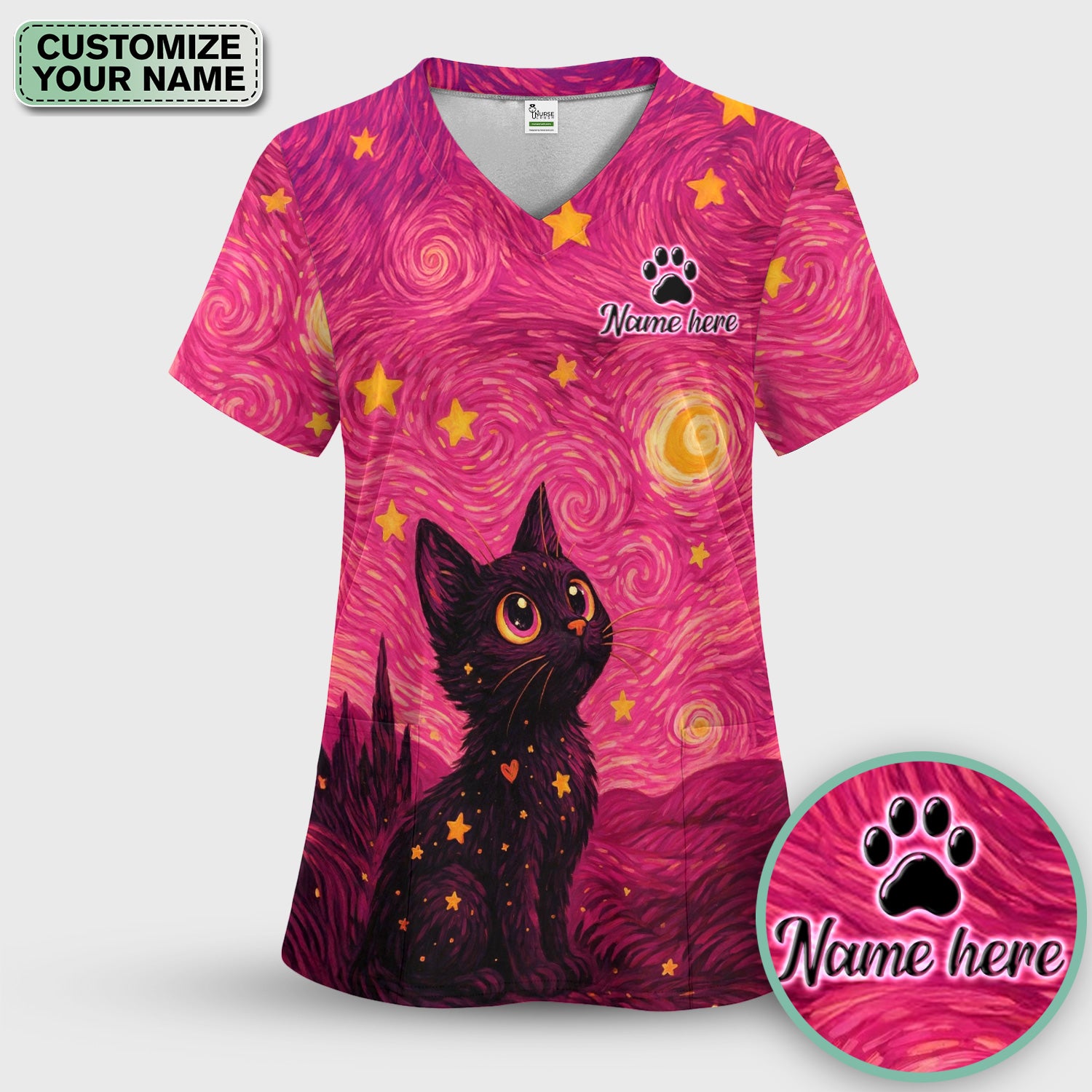 Personalized Black Cat Galaxy Star Swirl Pattern Scrub Top, Comfortable Scrubs for Nurses