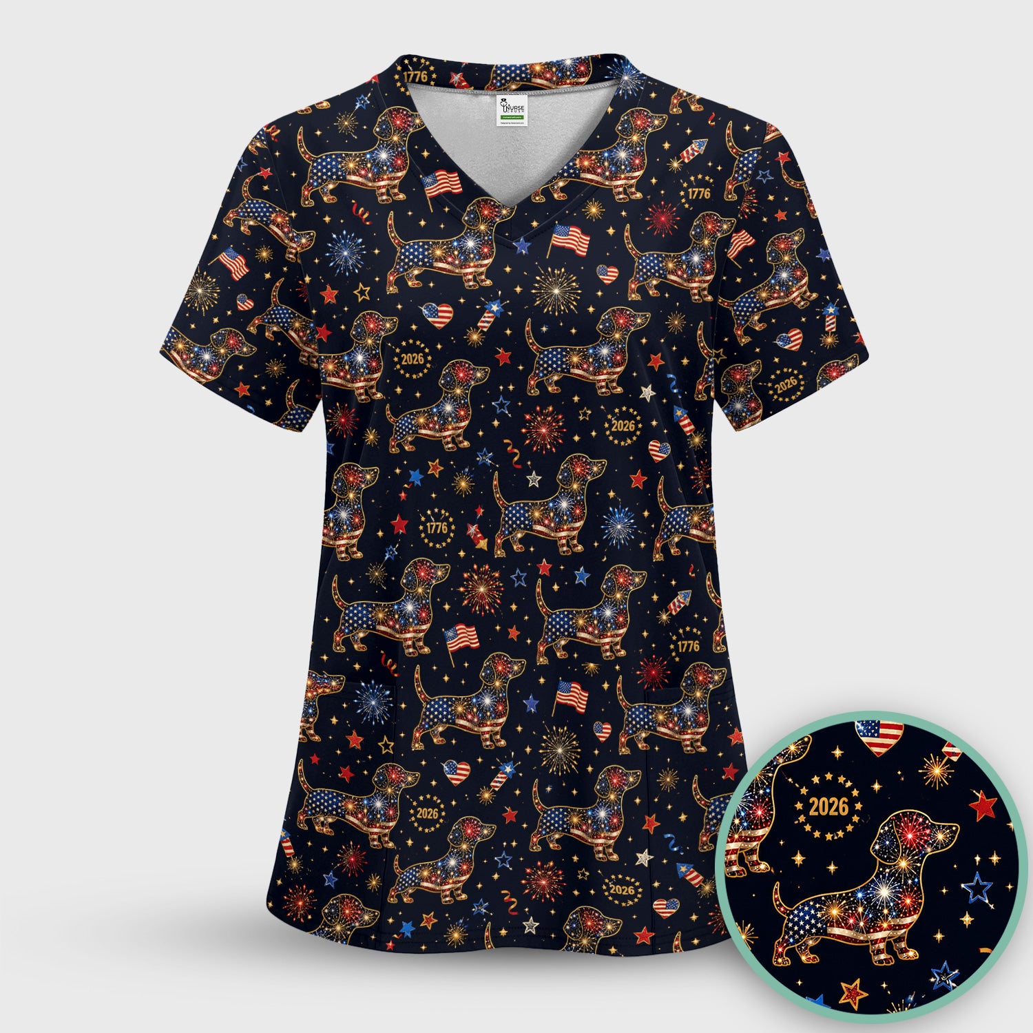 Patriotic Dachshund Fourth Of July Scrub Top, Comfortable Scrubs for Nurses