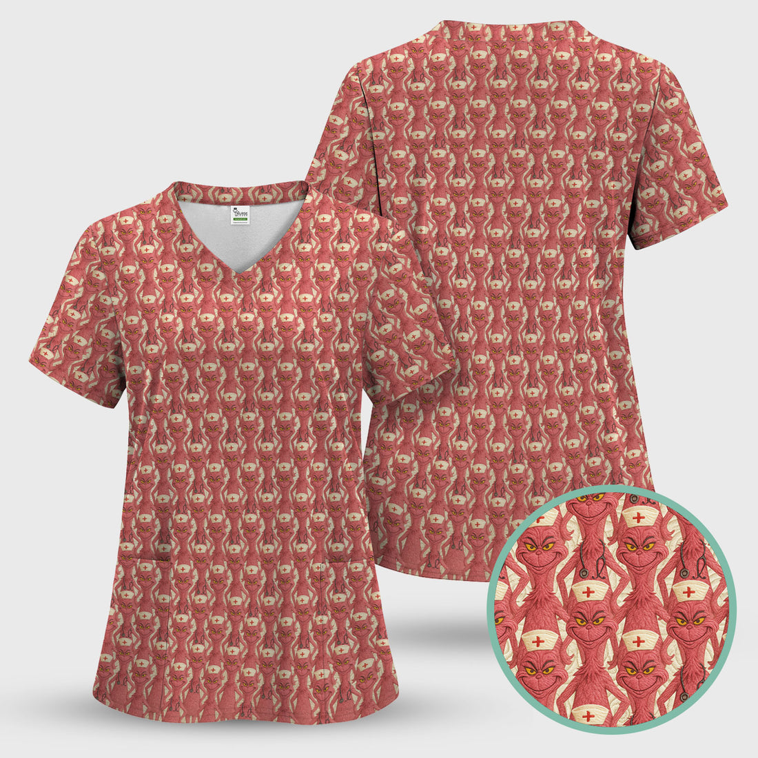 Funny Red Grinch Nurse Scrub Top - Cartoon Grinch Pattern Scrub Shirt Multi Color - Cute Christmas Holiday Nursing Workwear