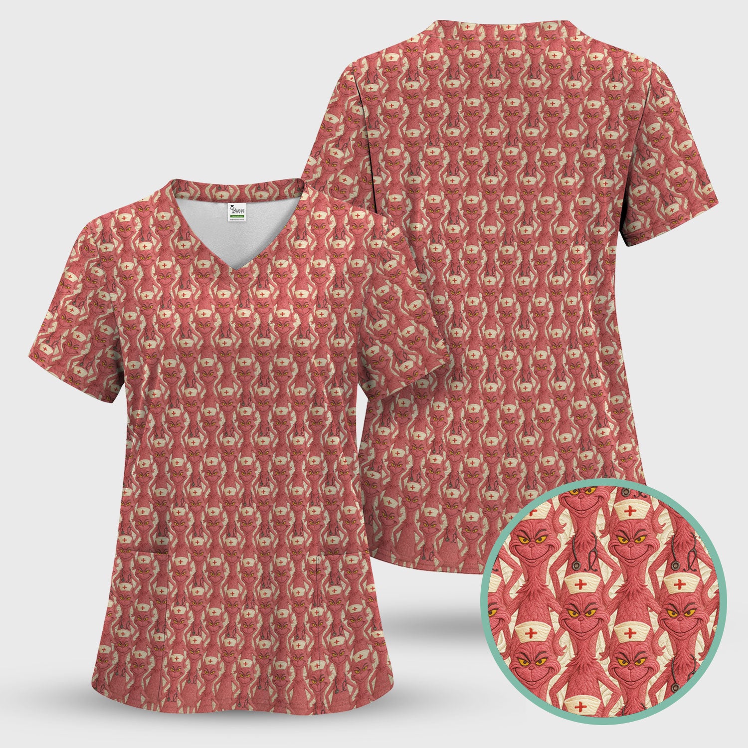 Funny Red Grinch Nurse Scrub Top - Cartoon Grinch Pattern Scrub Shirt Multi Color - Cute Christmas Holiday Nursing Workwear