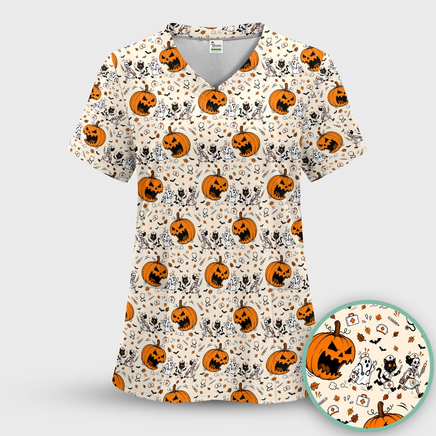 Funny Halloween Pumpkin Chasing Nurses Scrub Set, Scrub Pants and V Neck Top