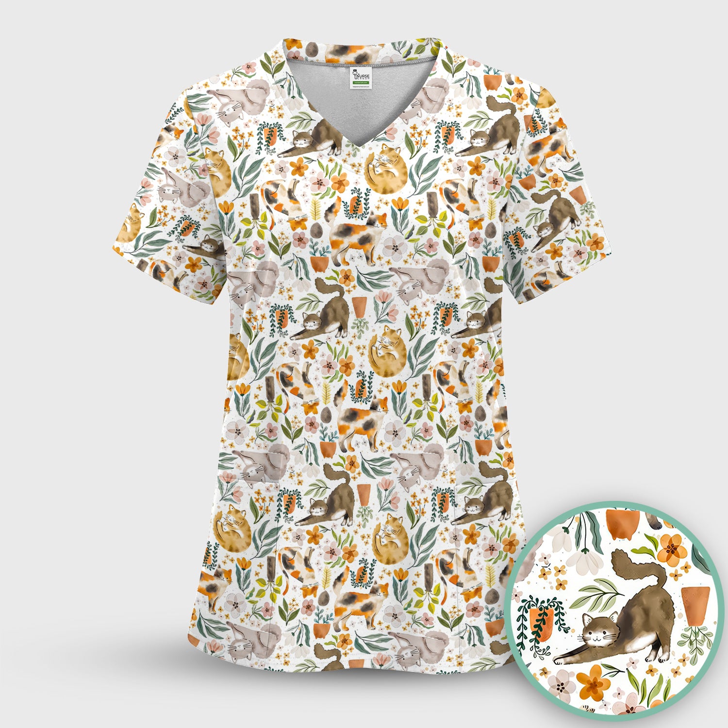 Cat Wildflower Garden Floral Pattern Scrub Top, Comfortable Scrubs for Nurses