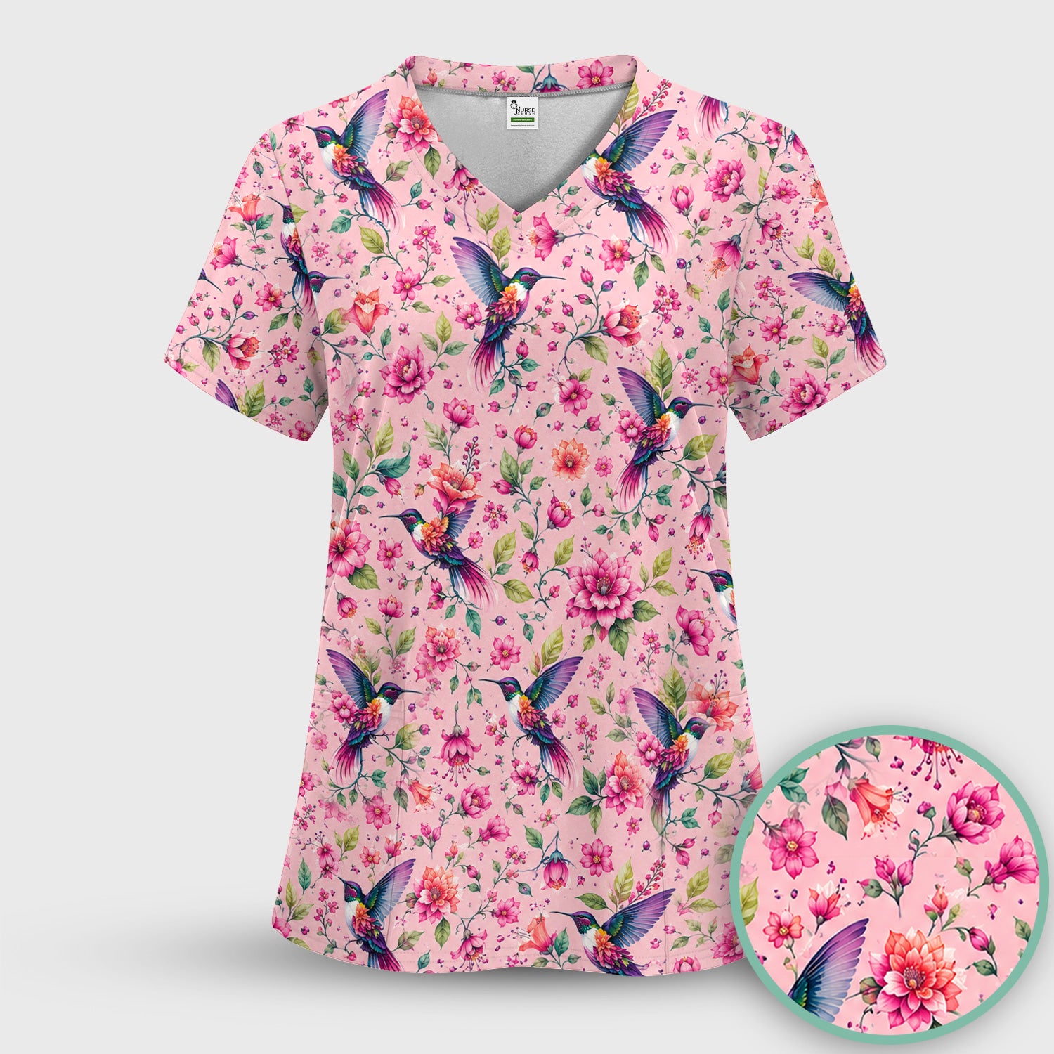 Pink Hummingbird Floral Garden Pattern Scrub Top, Comfortable Scrubs for Nurses