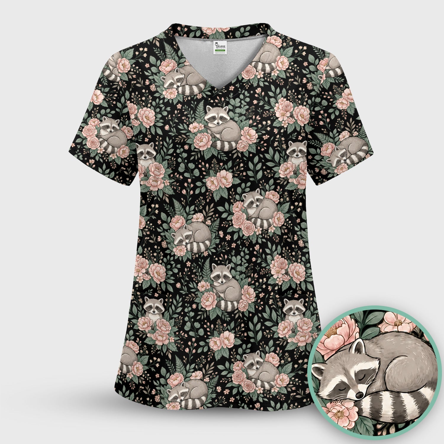 Sleeping Raccoon Rose Garden Pattern Scrub Set, Scrub Pants and V Neck Top