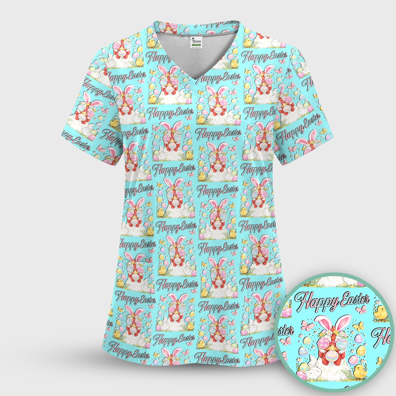 Happy Easter Bunny Eggs Pattern Scrub Top, Comfortable Scrubs for Nurses