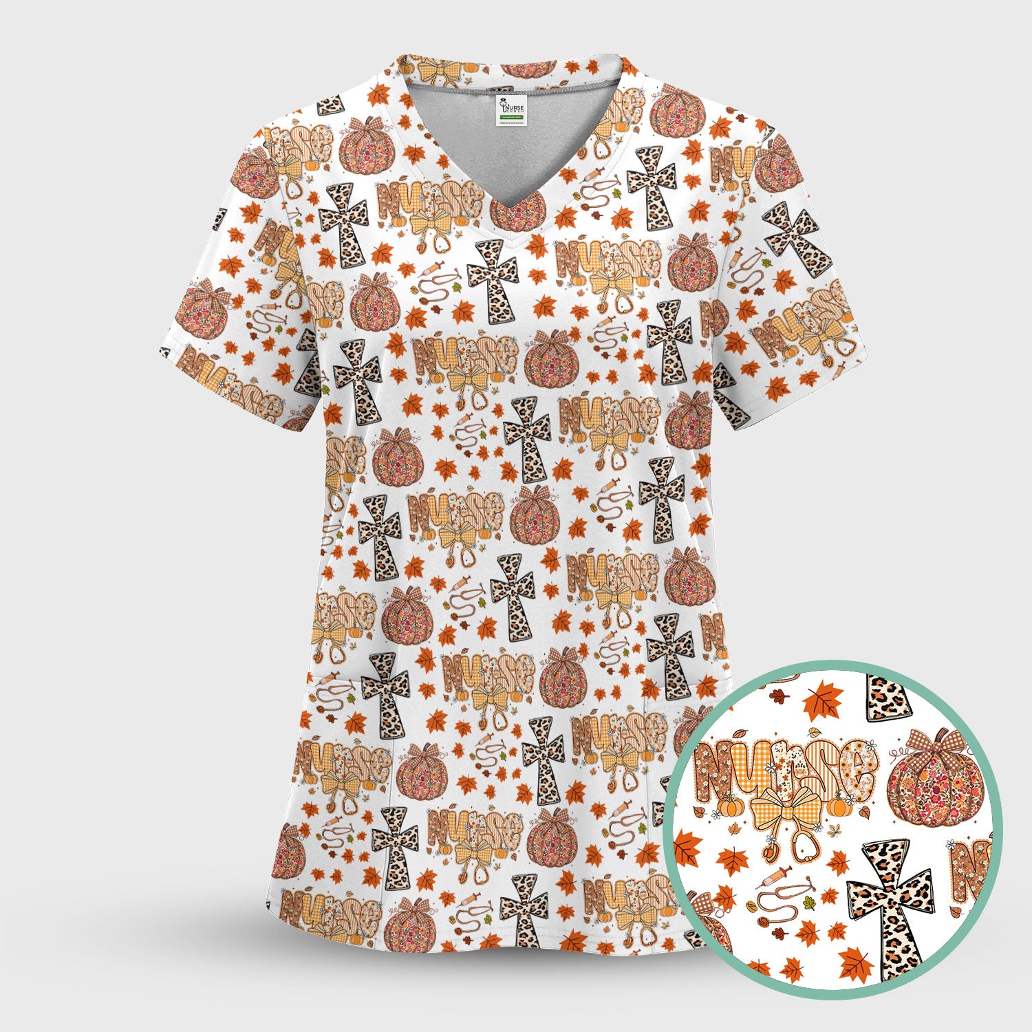 Floral Pumpkin Scrub Top for Women - Coquette Bow Thanksgiving Shirt - Comfortable Medical Uniform