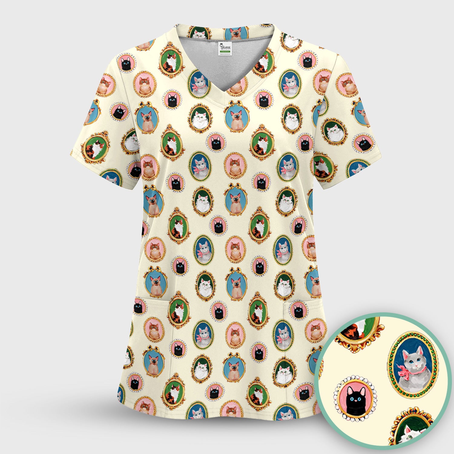 Vintage Cat Portrait Pattern Scrub Top, Breathable Medical Uniform Top