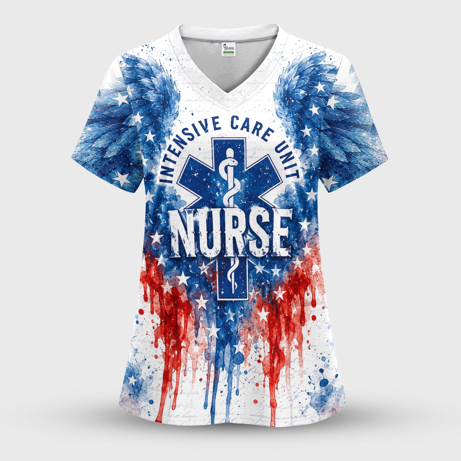 Patriotic Nurse Angel Wings Print Scrub Set, Scrub Pants and V Neck Top