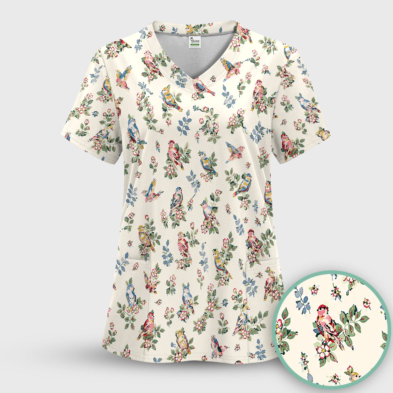 Cute Vintage Birds Blossom Pattern Scrub Top, Comfortable Scrubs for Nurses