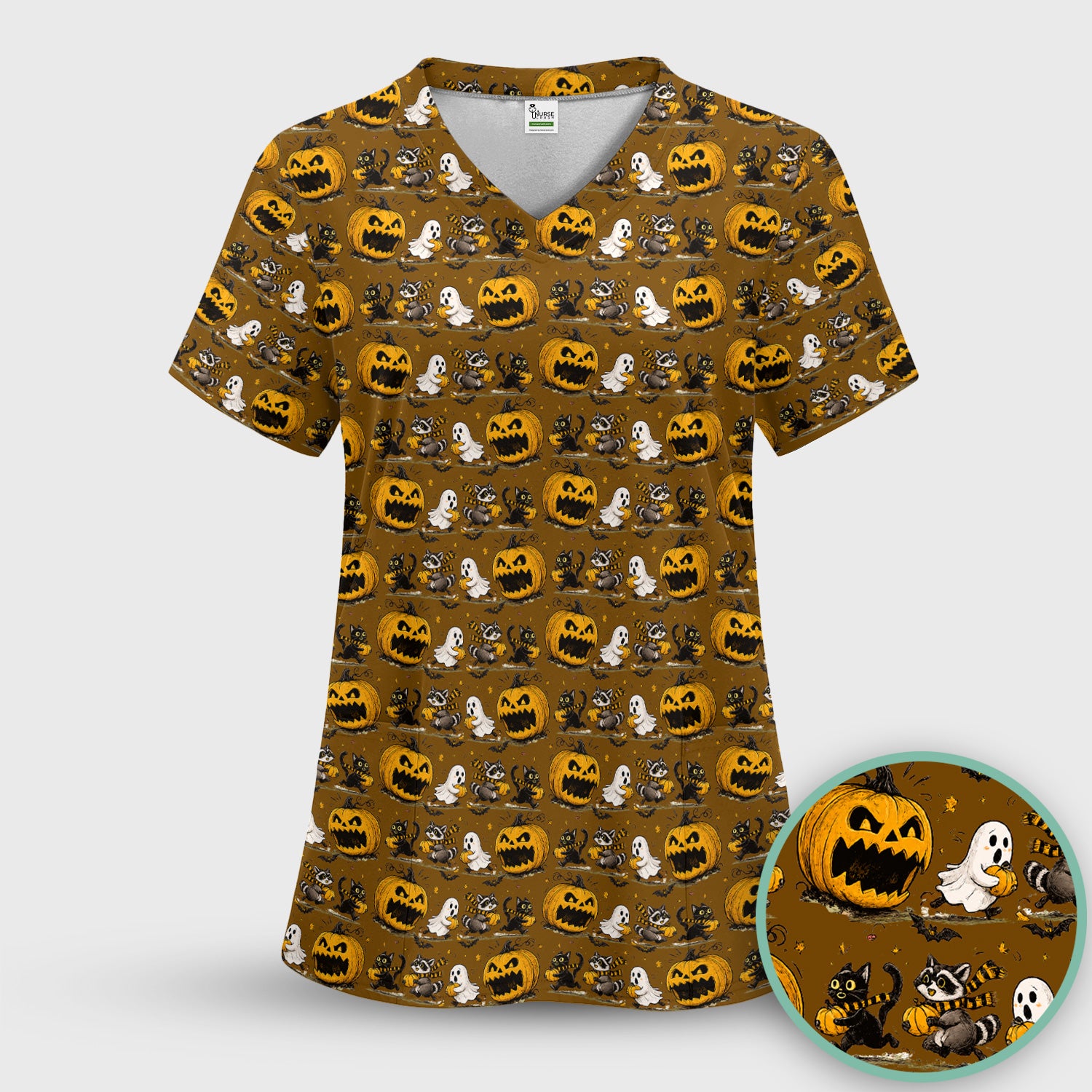 Spooky Halloween Woodland Critters Pattern Scrub Set, Scrub Pants and V Neck Top
