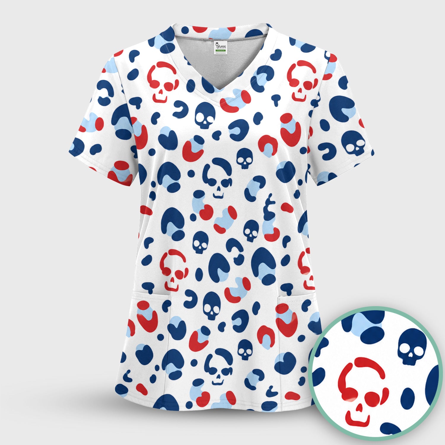 Red Blue Skull Leopard Pattern Scrub Top, Comfortable Scrubs for Nurses