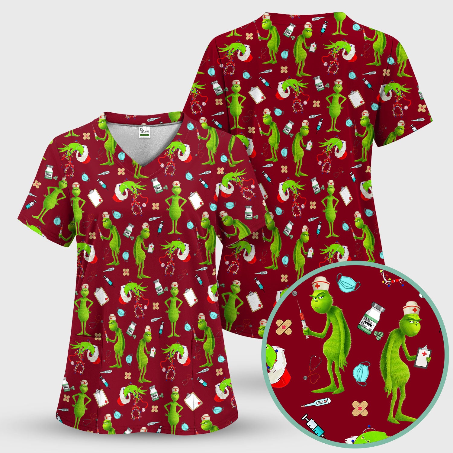 Custom Grinch Nurse Scrub Top - Funny Christmas Scrub Shirt Multi Color - Cute Holiday Nursing Workwear with Pockets