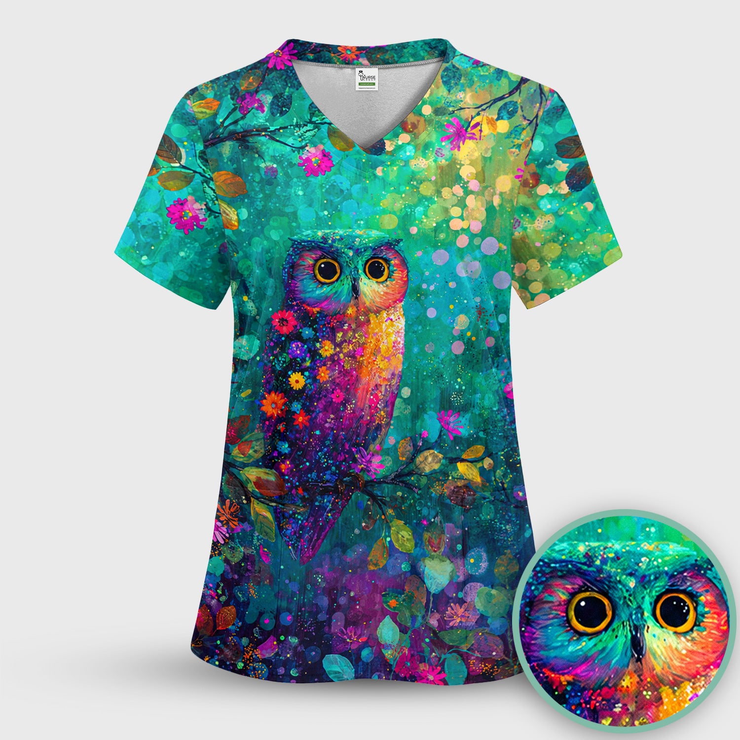 Vibrant Neon Owl Pattern, Colorful Forest Medical Scrub Set, Scrub Pants and V Neck Top