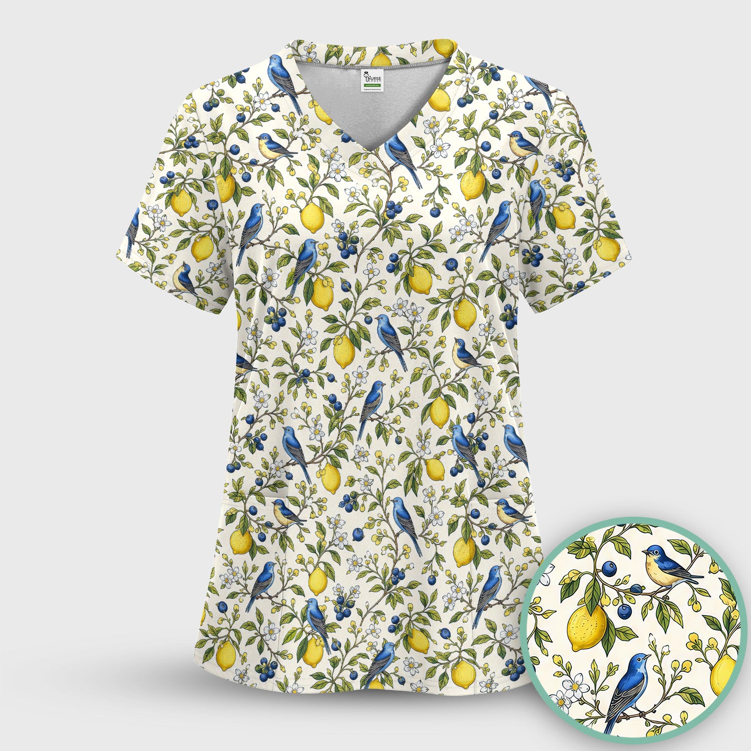 Bluebird Lemon Blossom Pattern Scrub Top, Comfortable Scrubs for Nurses