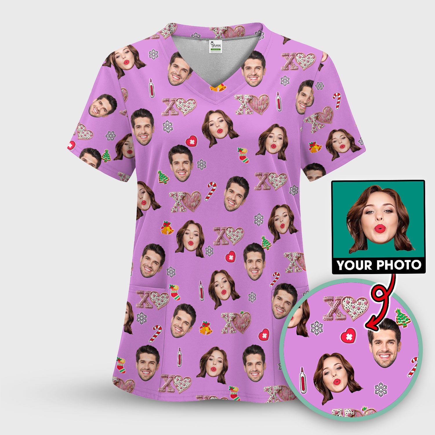 Custom Face Pattern XOXO Scrub Shirt, Personalized Photo Scrub Top, Breathable Fabrics Nursing Uniform