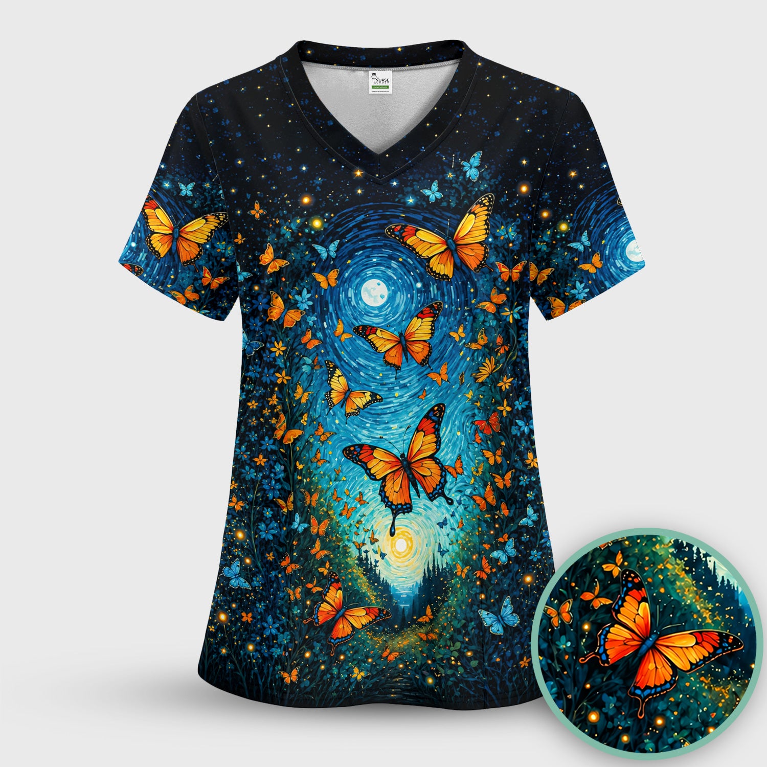 Moonlit Butterfly Nurse Print Scrub Set, Scrub Pants and V Neck Top