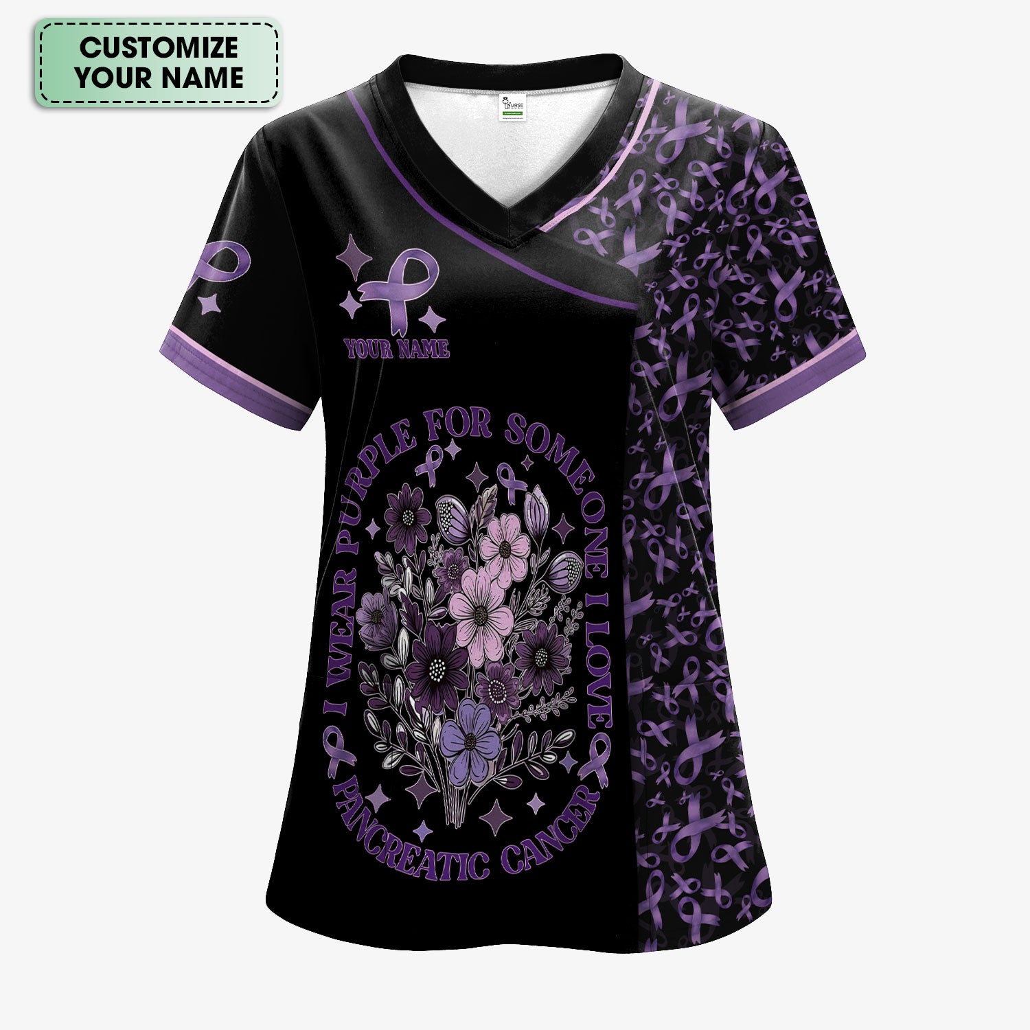Custom Name Pancreatic Cancer Scrub Top - Awareness Nurse Shirt for Someone I Love - Personalized Gift for Fighters Survivors Supporters