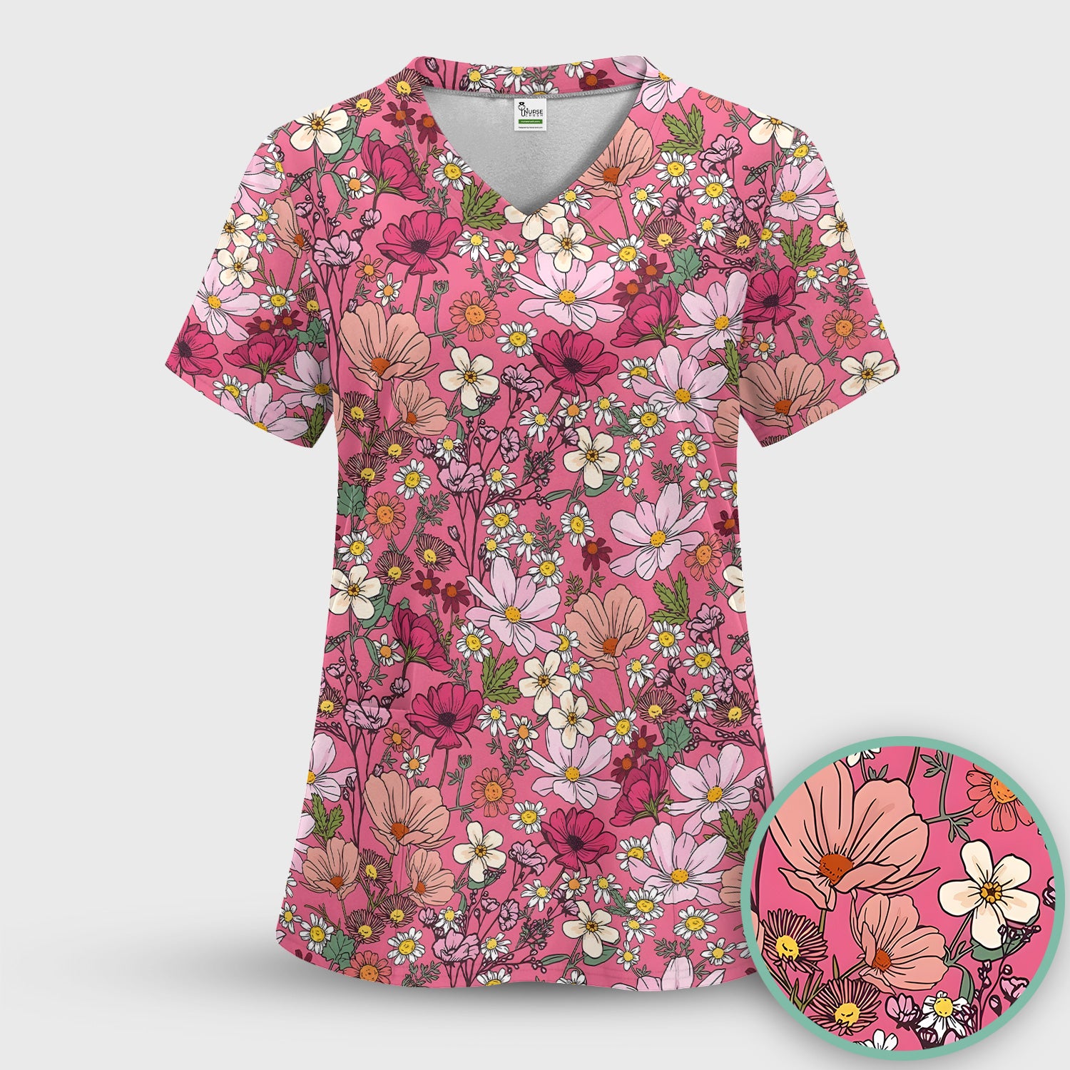 Pink Daisy Wildflower Nurse Pattern Scrub Set, Scrub Pants and V Neck Top