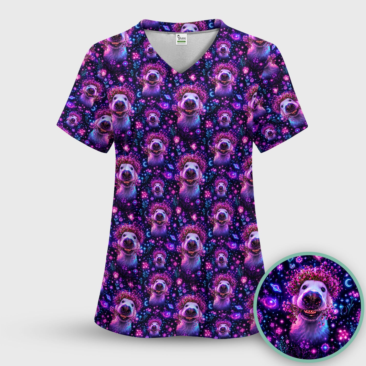 Galaxy Golden Retriever Pattern Scrub Set, Scrub Pants and V Neck Top