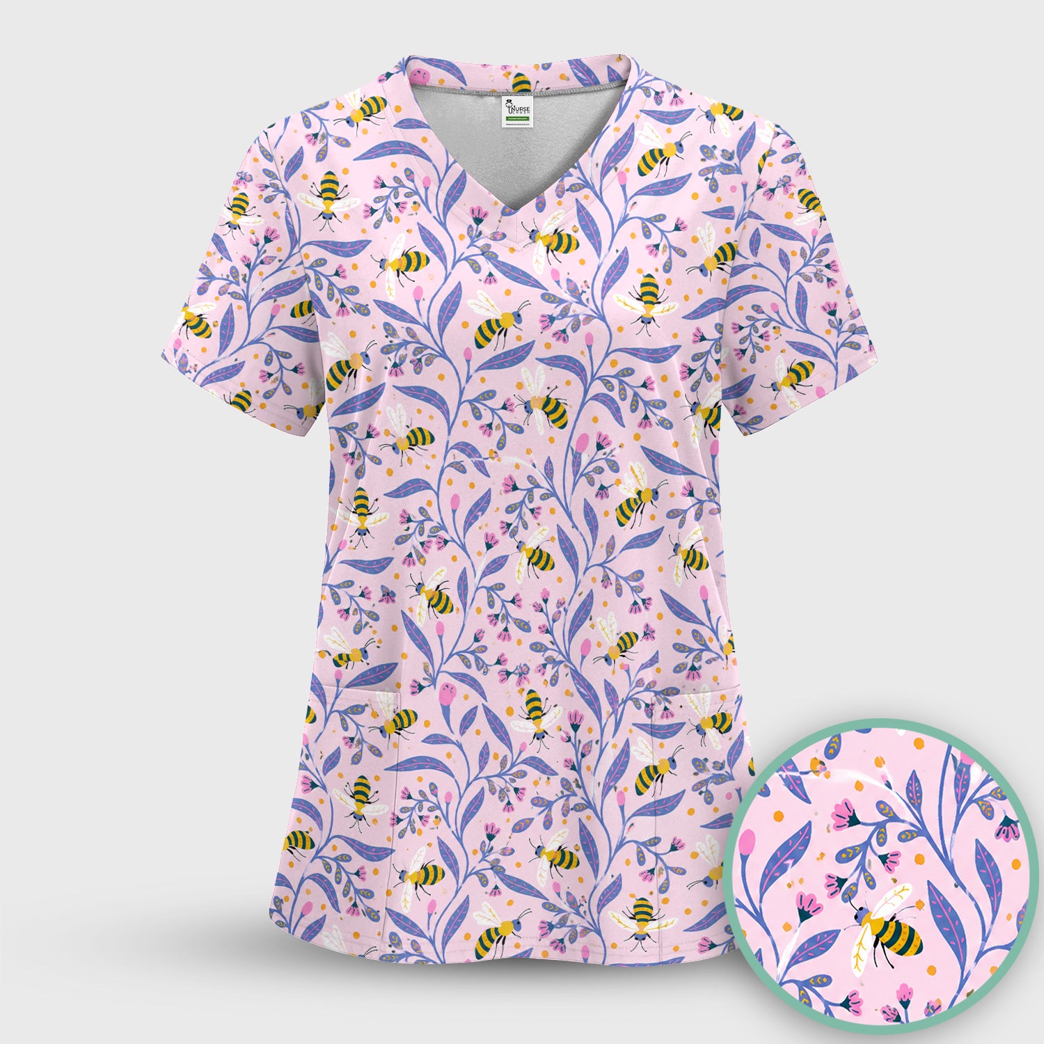 Cute Bumble Bee Floral Pattern Scrub Top, Comfortable Scrubs for Nurses