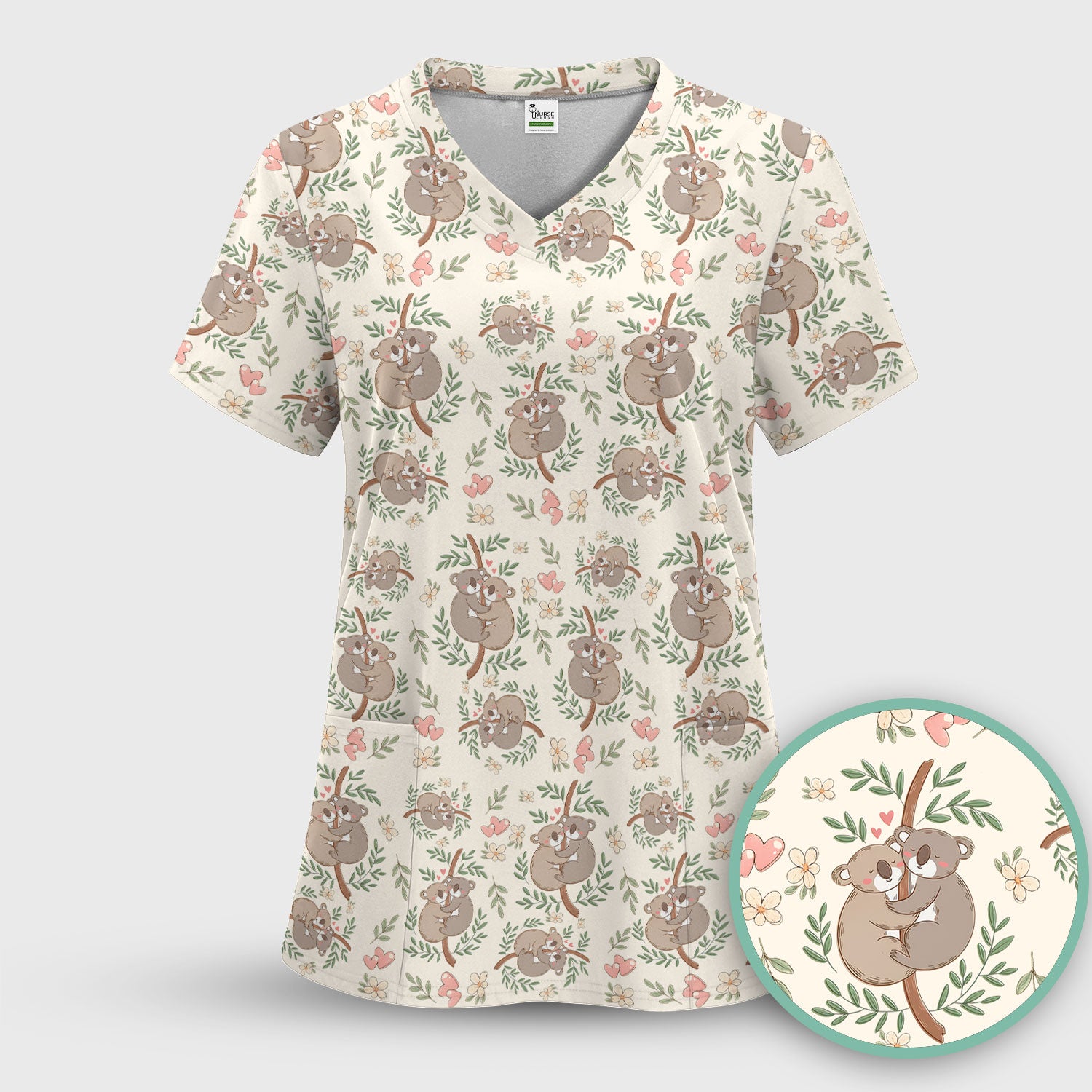Cute Koala Love Pattern Medical Scrub Top, Breathable Fabrics Nursing Uniform