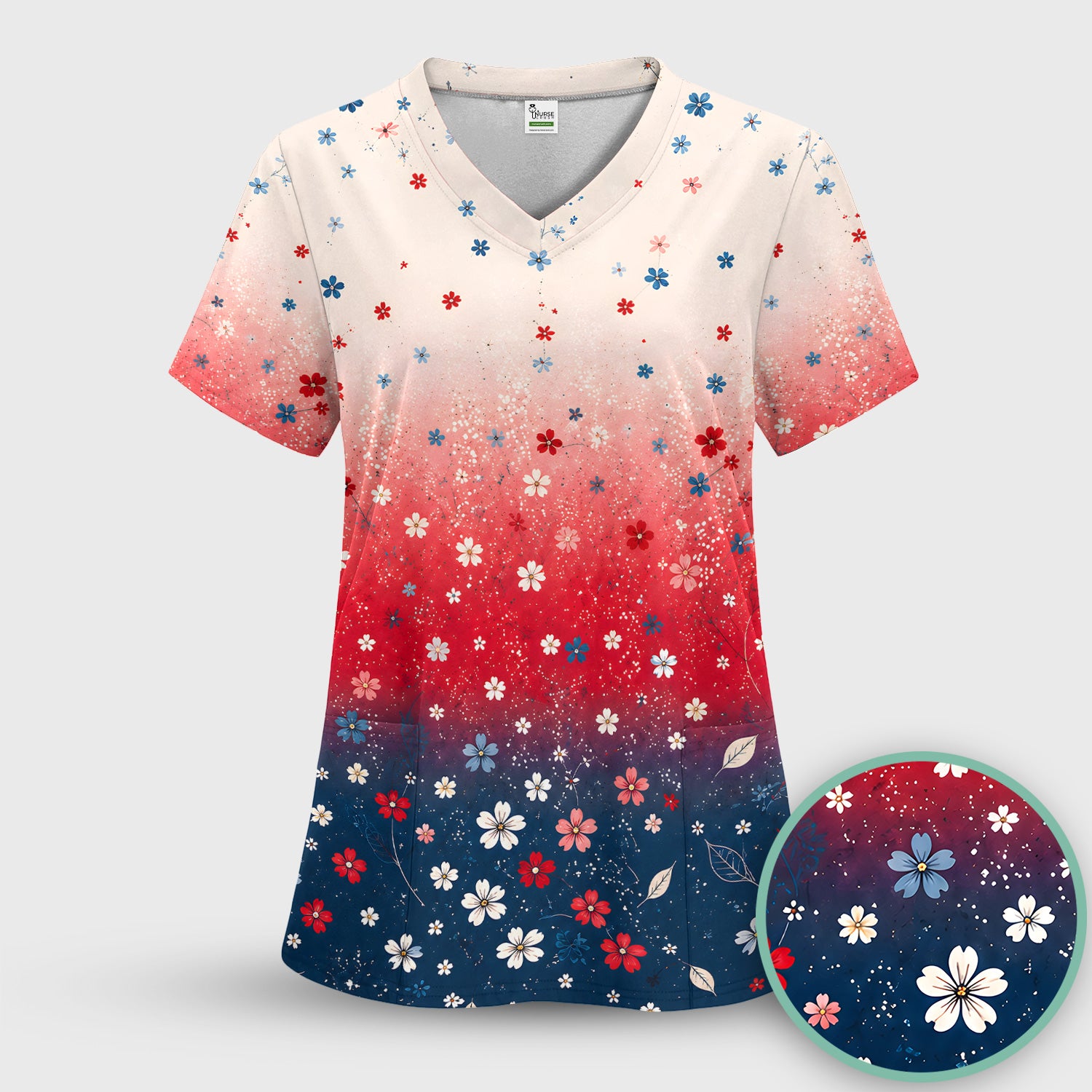 Patriotic Red White Blue Floral Ombre Print Scrub Set, Scrub Pants and V Neck Top